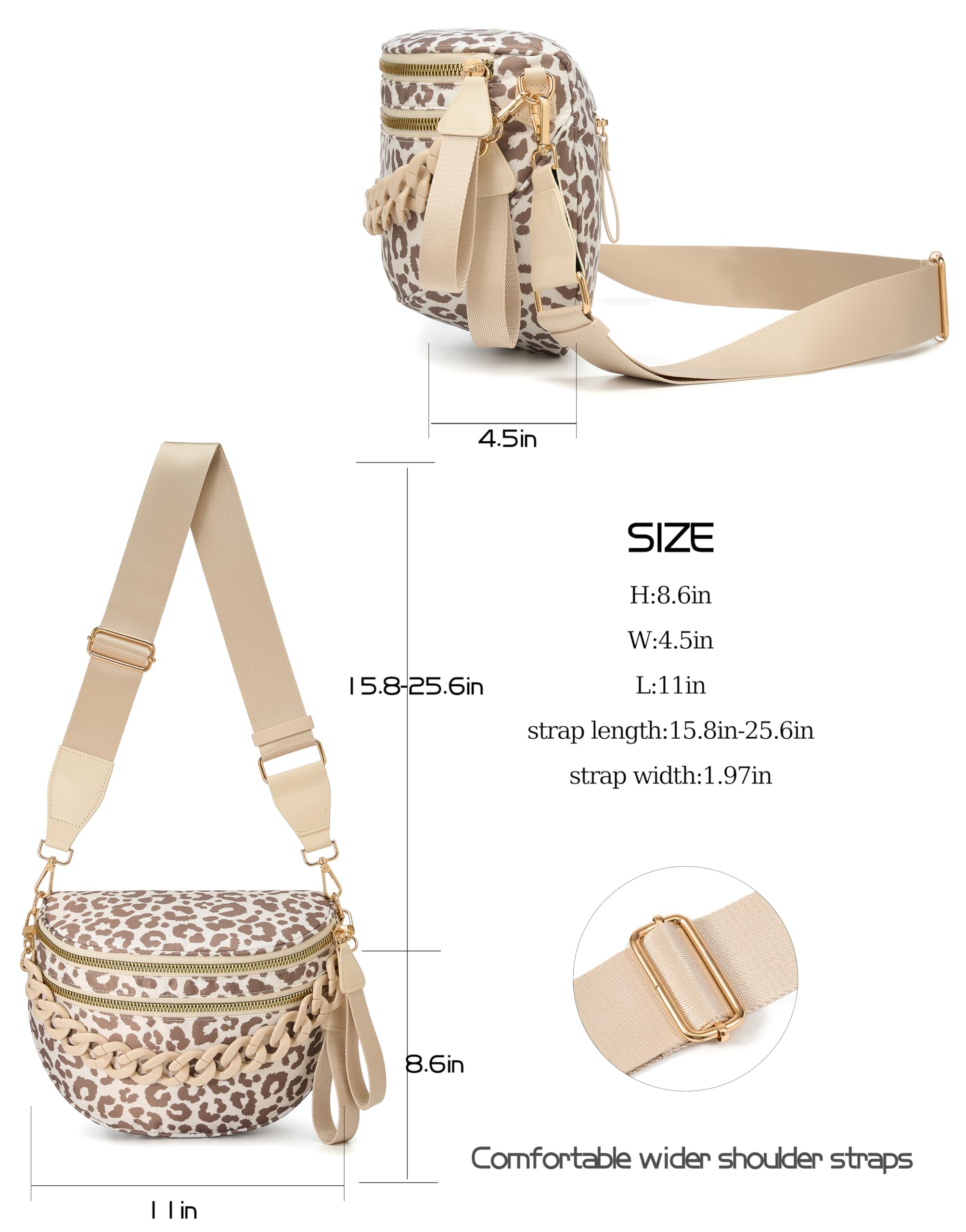 FEIBOON Spacious Nylon Crossbody Bag Bum Bag Handbags Wallets Purses Trendy Shoulder Bag for Women (Khaki Leopard) view 3