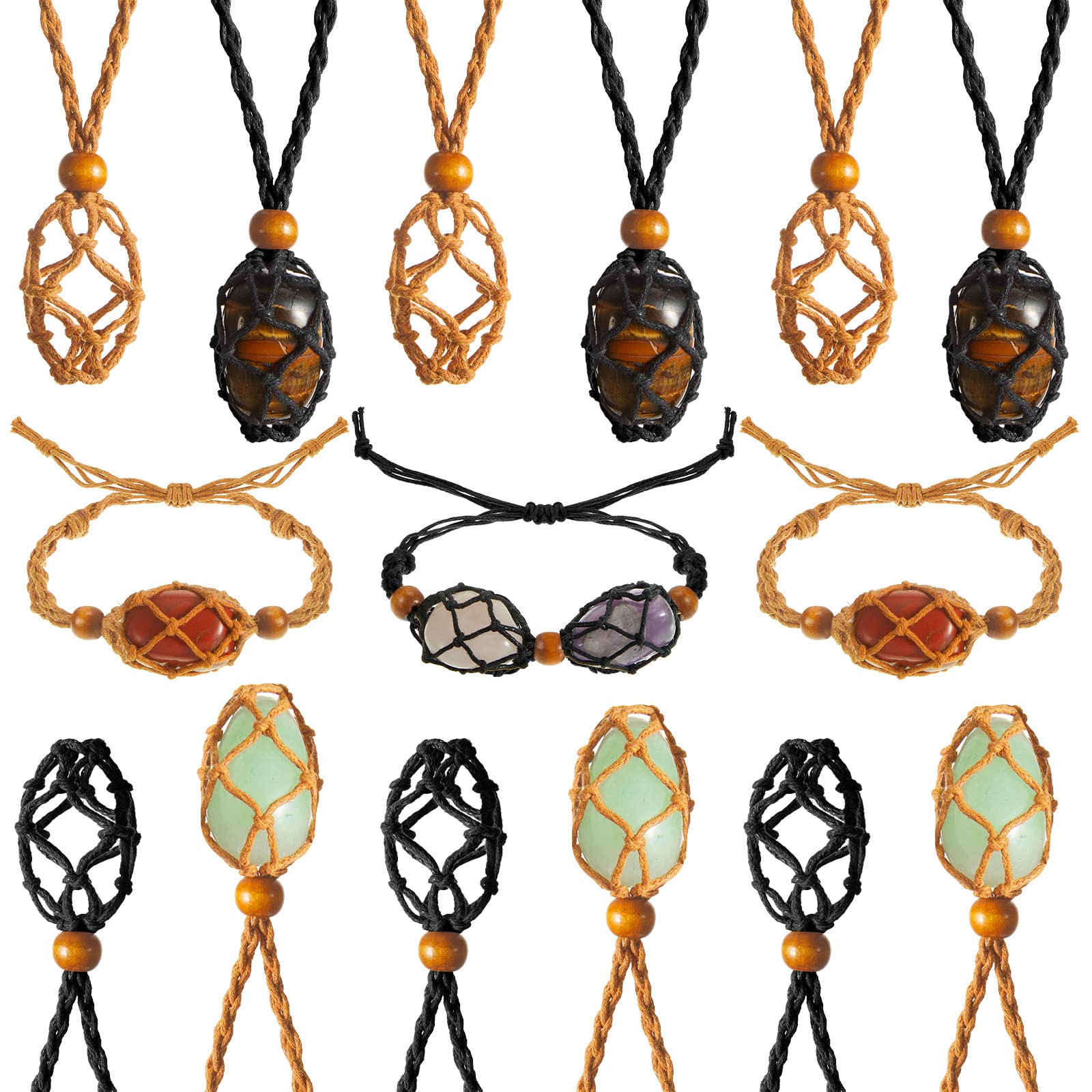 Fabbay 8 Pcs Adjustable Crystal Necklace Holder and Bracelet Set Crystal Cage Necklaces Empty Bracelet Holder Quartz Stone Cage Cords for DIY Jewelry Making Gift Supplies, Black and Brown