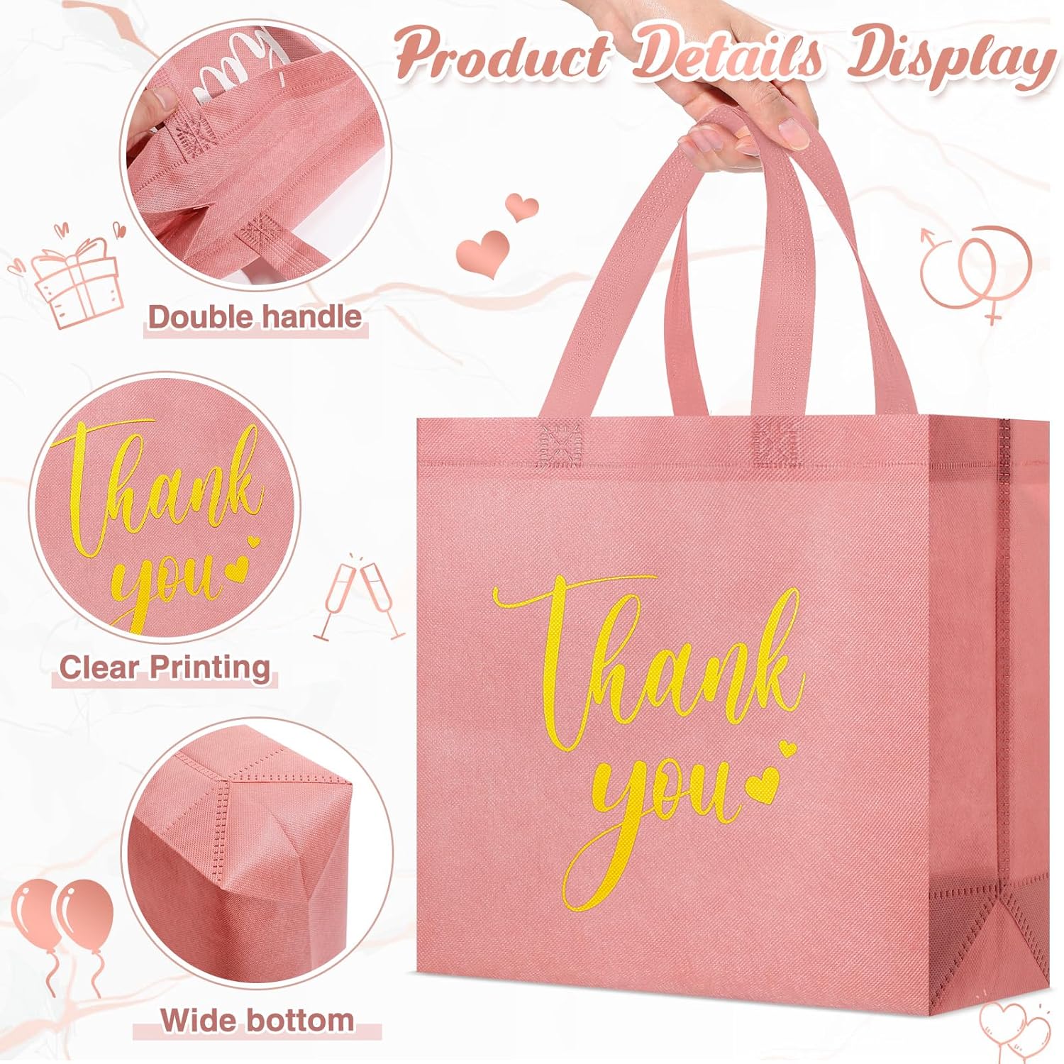 Sweetude 30 Pcs Thank You Gift Bags with Handles, Reusable Non Woven Foldable Goodie Bags Bulk for Graduation Easter Wedding Bridesmaid Favors(11 x 12 x 5 Inch,Leather Pink)