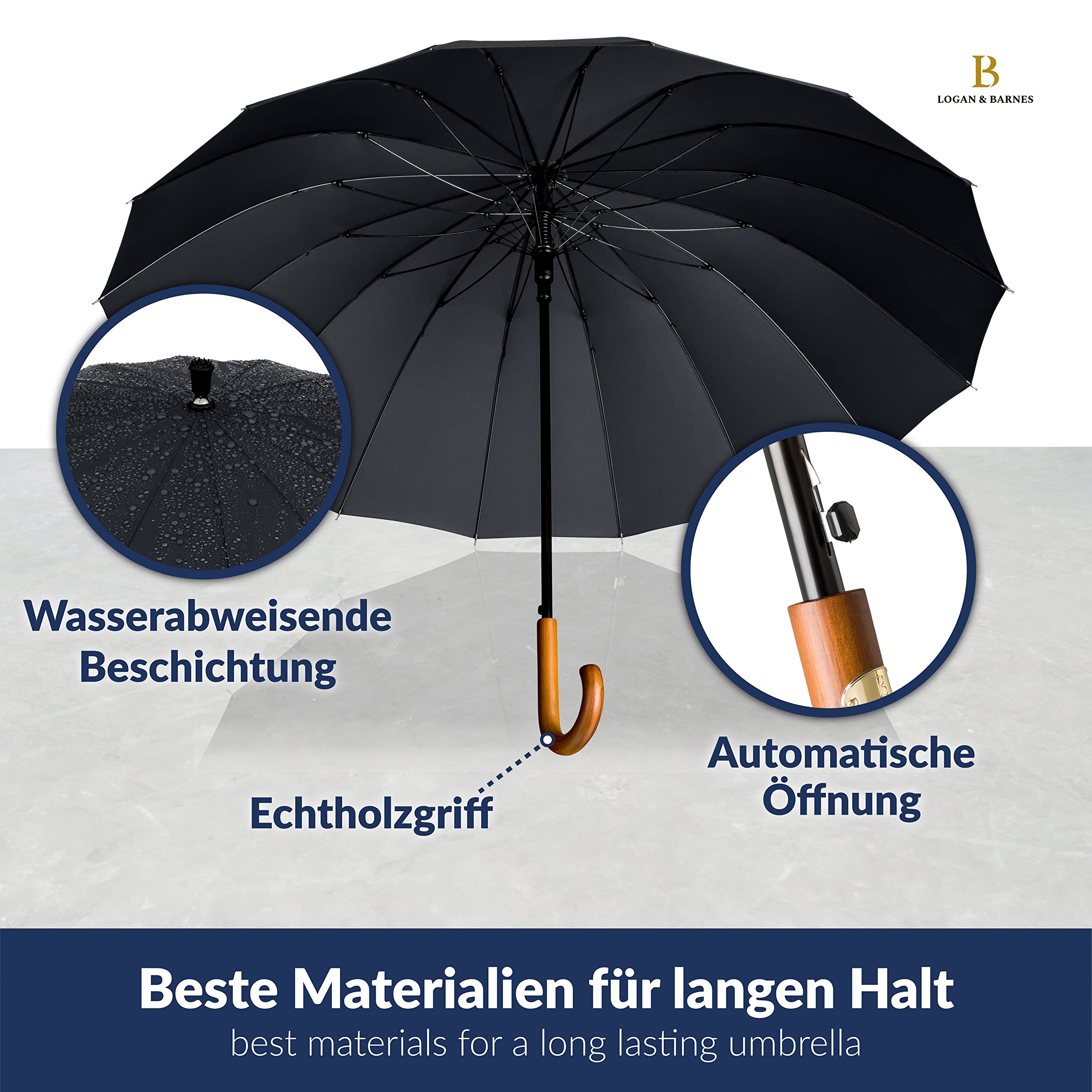 LOGAN & BARNES Stockschirm Sturmfest Ø120cm Echtholzgriff Gummispitze XXL Regenschirm 16 Streben Modell EDINBURGH