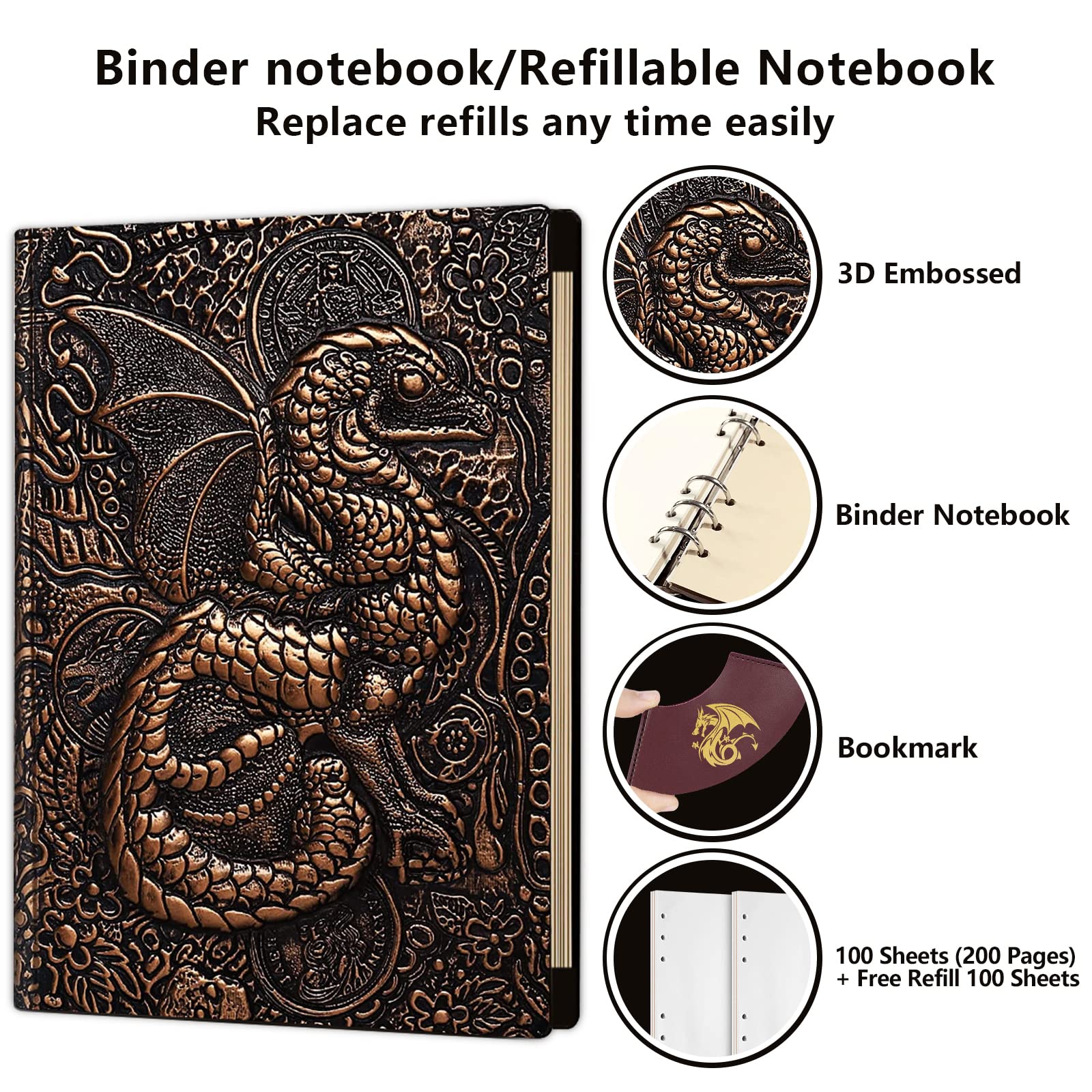 Ancient Deer Carnet de notes 3D Dragon DND unique de 400 pages en cuir vintage pour donjons et dragons, joueurs RPG, carnet de notes antique, carnet de voyage, D&D, accessoires D&D