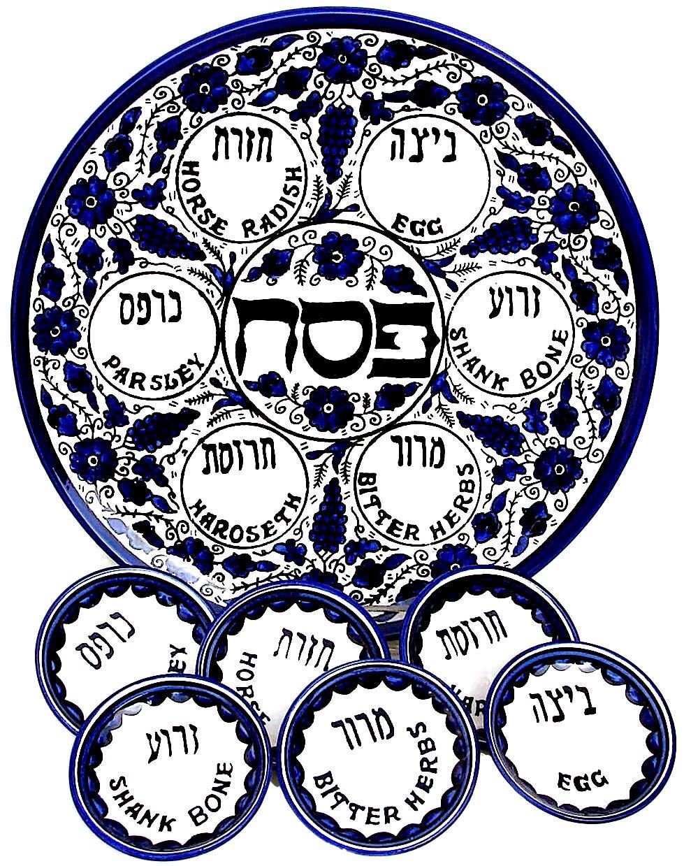 Armenian Ceramic Seder Plate with 6 Bowls, Blue Flowers Design, 30 centimetres