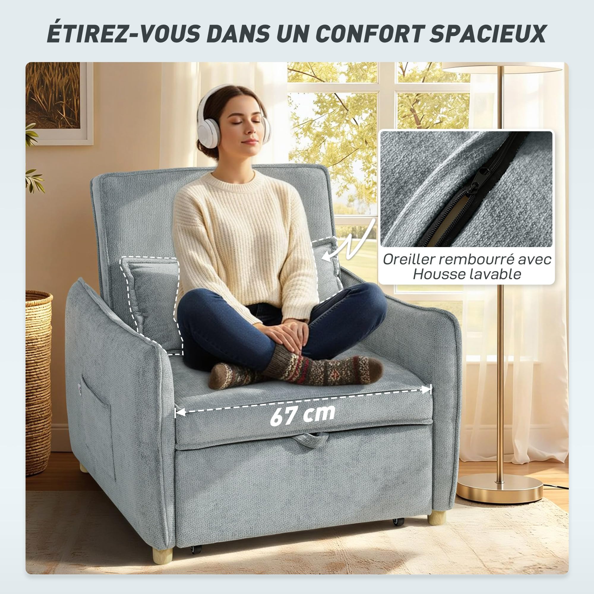 HOMCOM Fauteuil Convertible 1 Place 3 en 1, Fauteuil-lit clic-clac en Chenille avec Assise Large, Dossier réglable, Oreiller et Poches latérales, canapé-lit pour invités, Salon, Petits espaces, Gris