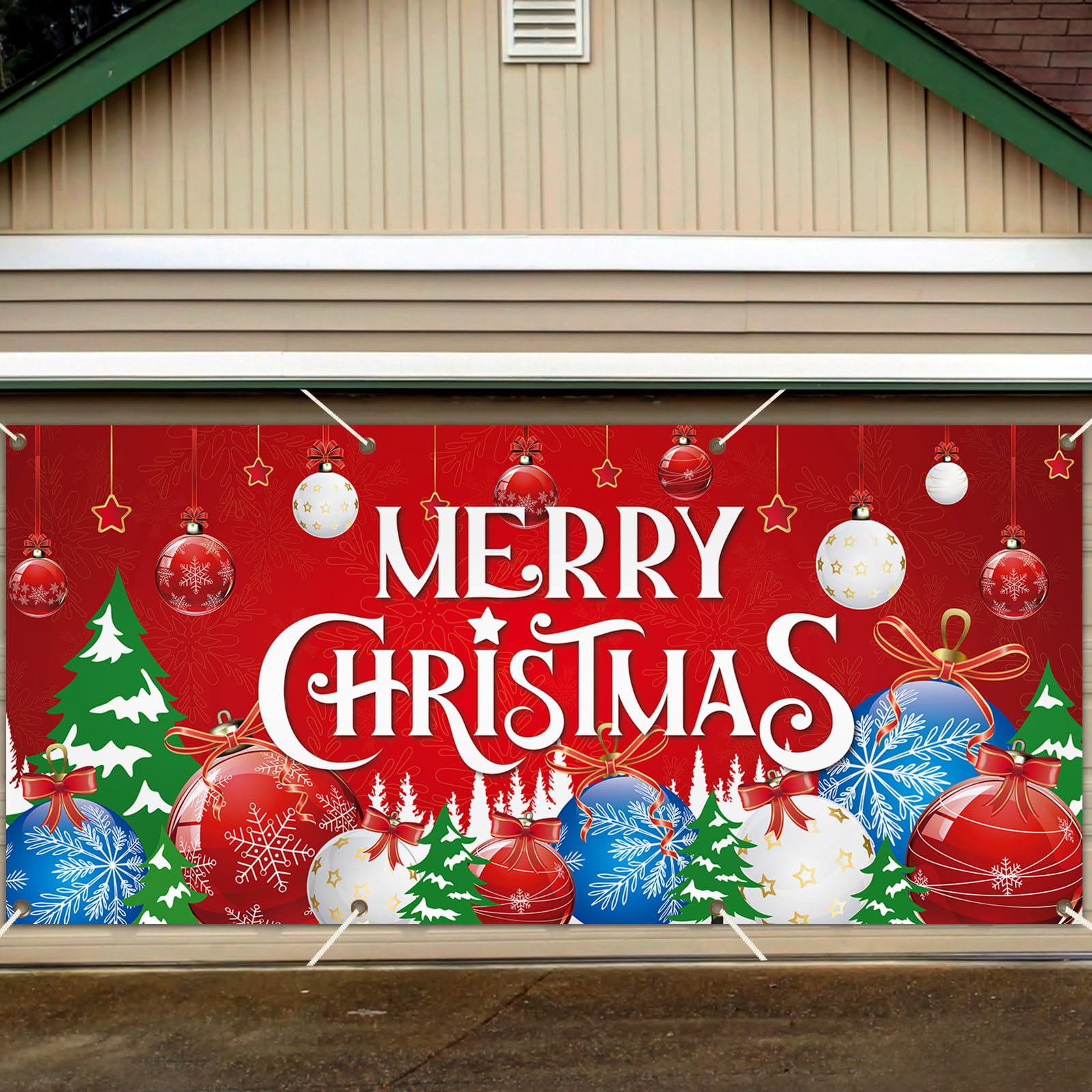 gisgfim Christmas Ball Garage Door Cover Merry Christmas Banner Decorations Large Holiday Garage Door Banner Backdrop Xmas Tree Background Sign for