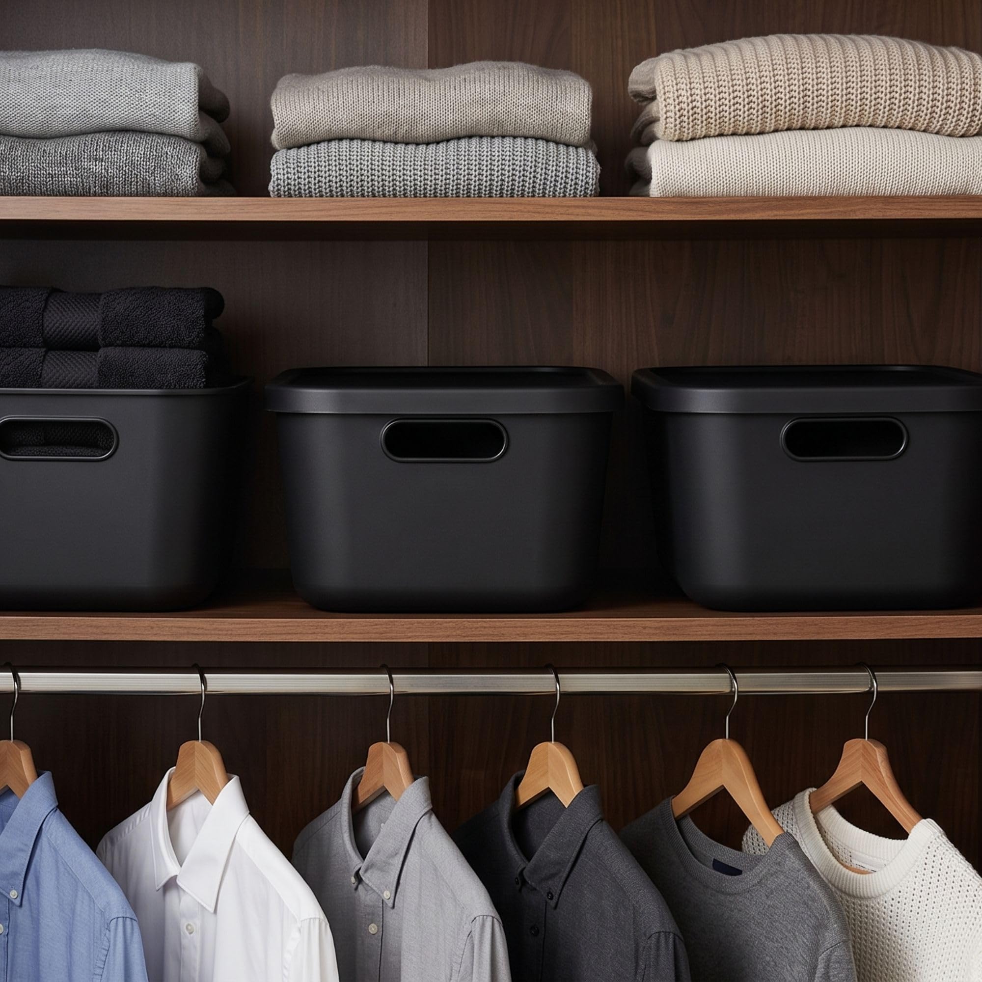 Plastard Aufbewahrungsbox mit Deckel 4er-Set 31 Liter in Schwarz | BPA-Freie Ordnungsbox für Küche, Bad, Büro, Kinderzimmer, Robuste Stapelbare Kunststoffbox, 46 x 34 x 26 cm, Ordnungskiste