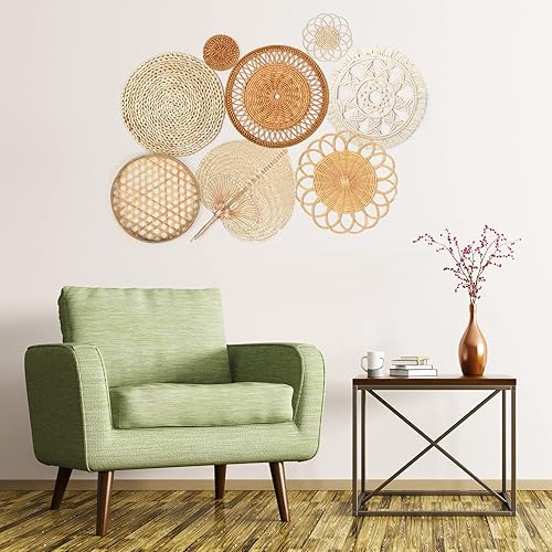 Miniatura 4 de Tatuo 8 juegos de cestas de pared bohemias tejidas de ratán planas, redondas hechas a mano de mimbre de bambú para colgar rústicas elegantes borlas