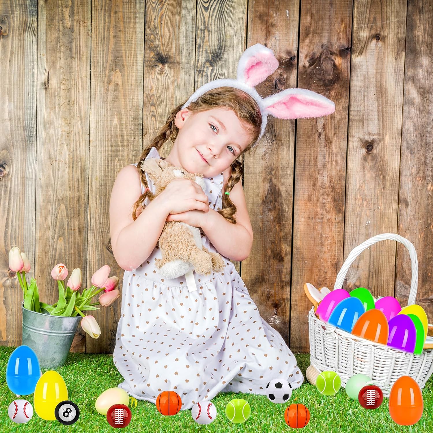 24 PCS Sports Stress Balls Filled Easter Eggs, 6 Styles Mini Sports Balls with 24 Colorful Easter Eggs, Perfect Basket Stuffers for Kids Hunt Games, Party Favors and Goodie Bag Fillers