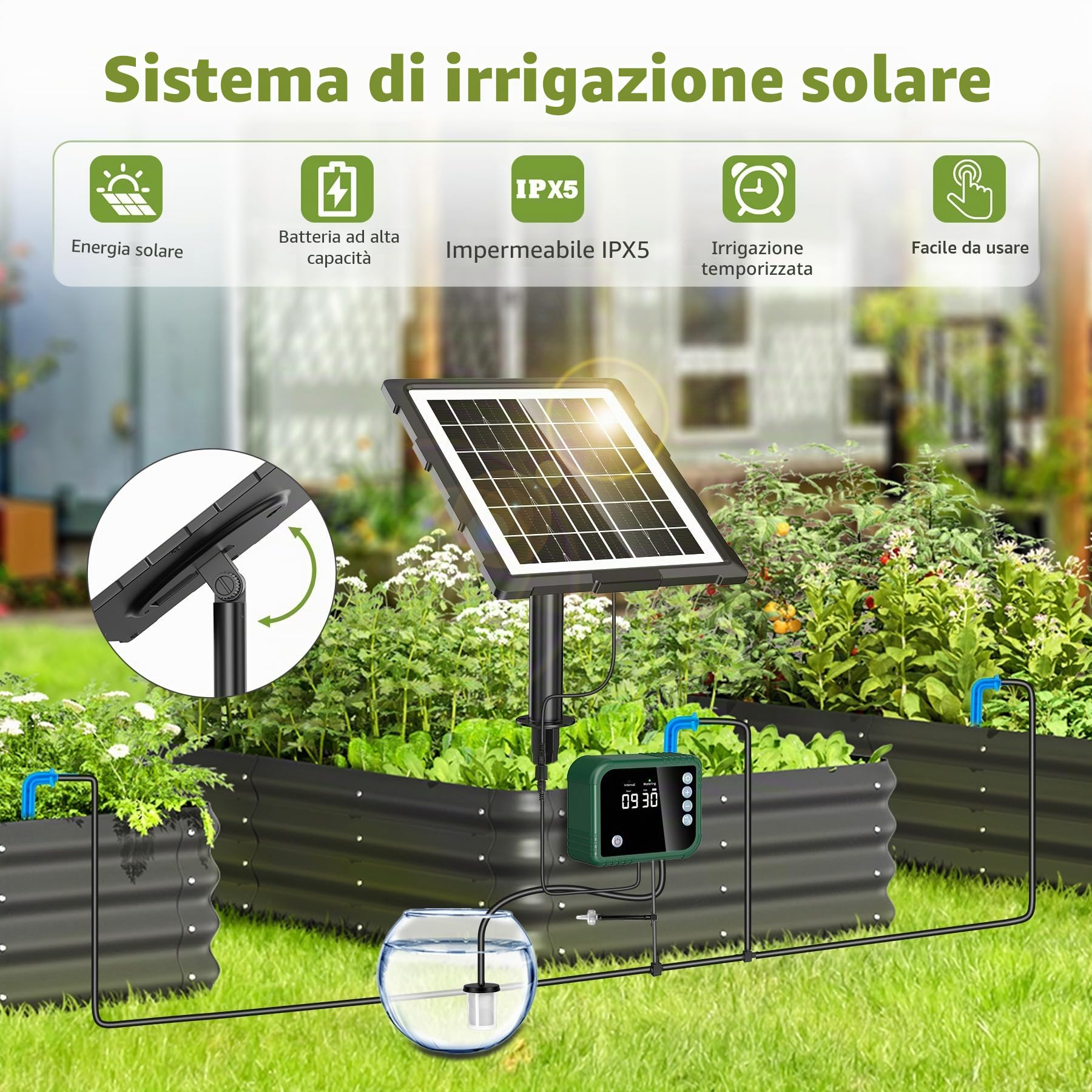 Forever Speed 350 Modalità Solar Automatic Drip Irrigation Kit con Controllore, Irrigazione a Goccia Automatica con 15 M per Giardini Kit Irrigazione Giardino per Giardini, Balconi, Piante in Vaso