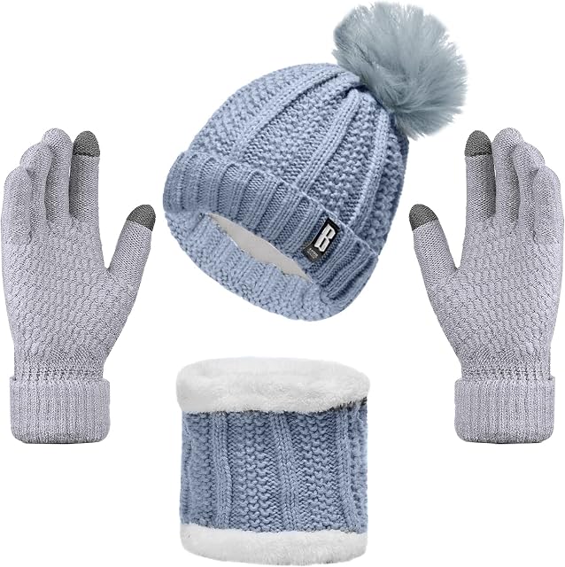Alviller Women Knitted Hat Scarf Gloves Set, 3Pcs Winter Cold Weather Set with Knit Beanie Cap Touch Screen Gloves Circle Neck Scarf for Adults Sports Outdoor