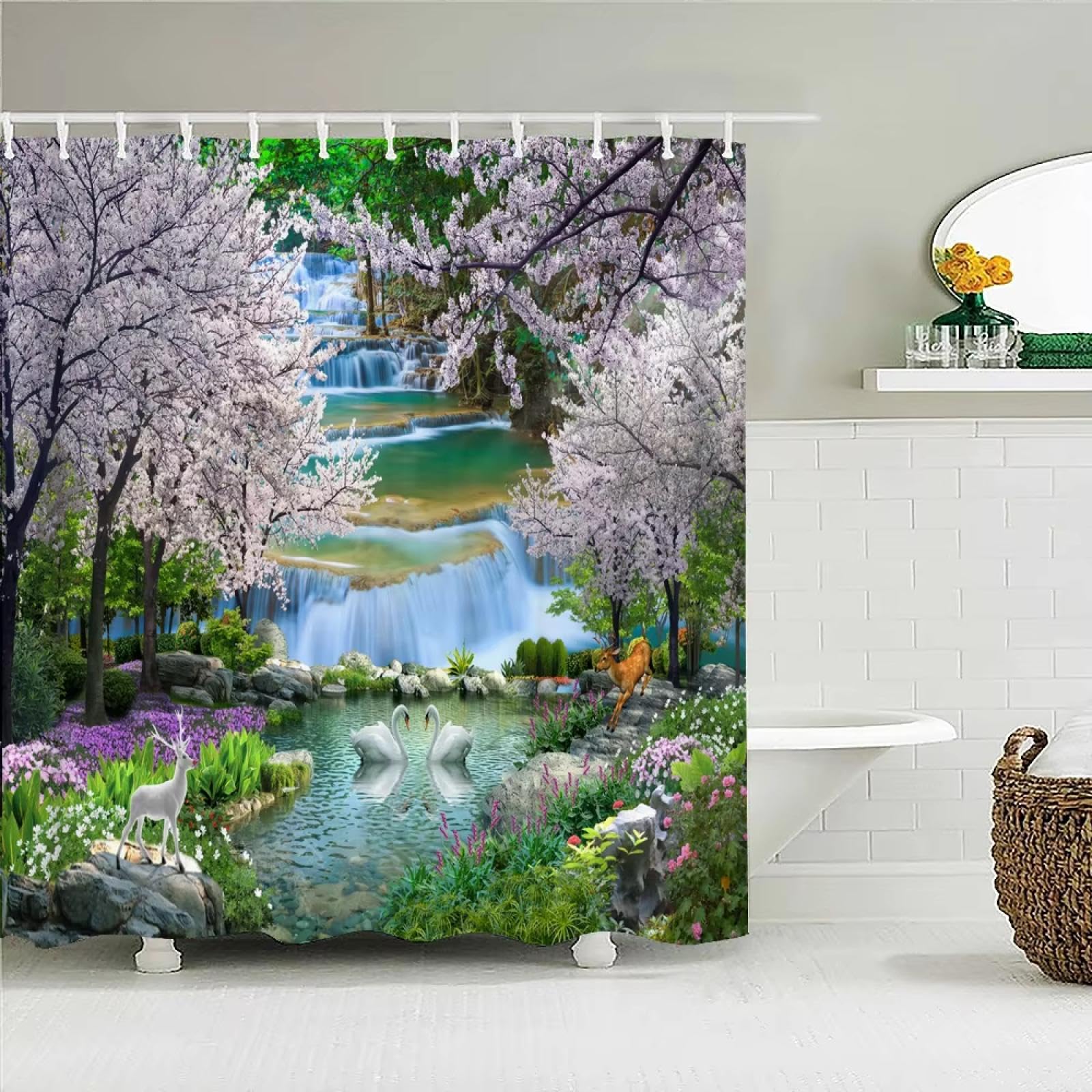 Rideau de douche forêt et cascade 136x200 pour baignoire familiale