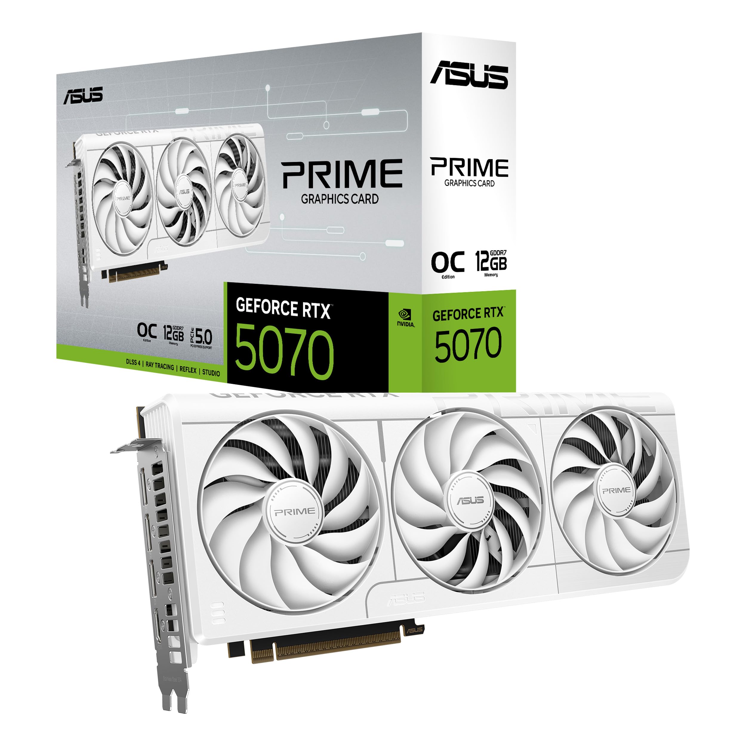 ASUS Prime GeForce RTX 5070 12 GB GDDR7 White OC Edition - Tarjeta gráfica | Compatible con SFF, PCIe 5.0, 12 GB GDDR7, HDMI/DP 2.1, 2,5 ranuras, ventiladores Axial-tech, BIOS dual