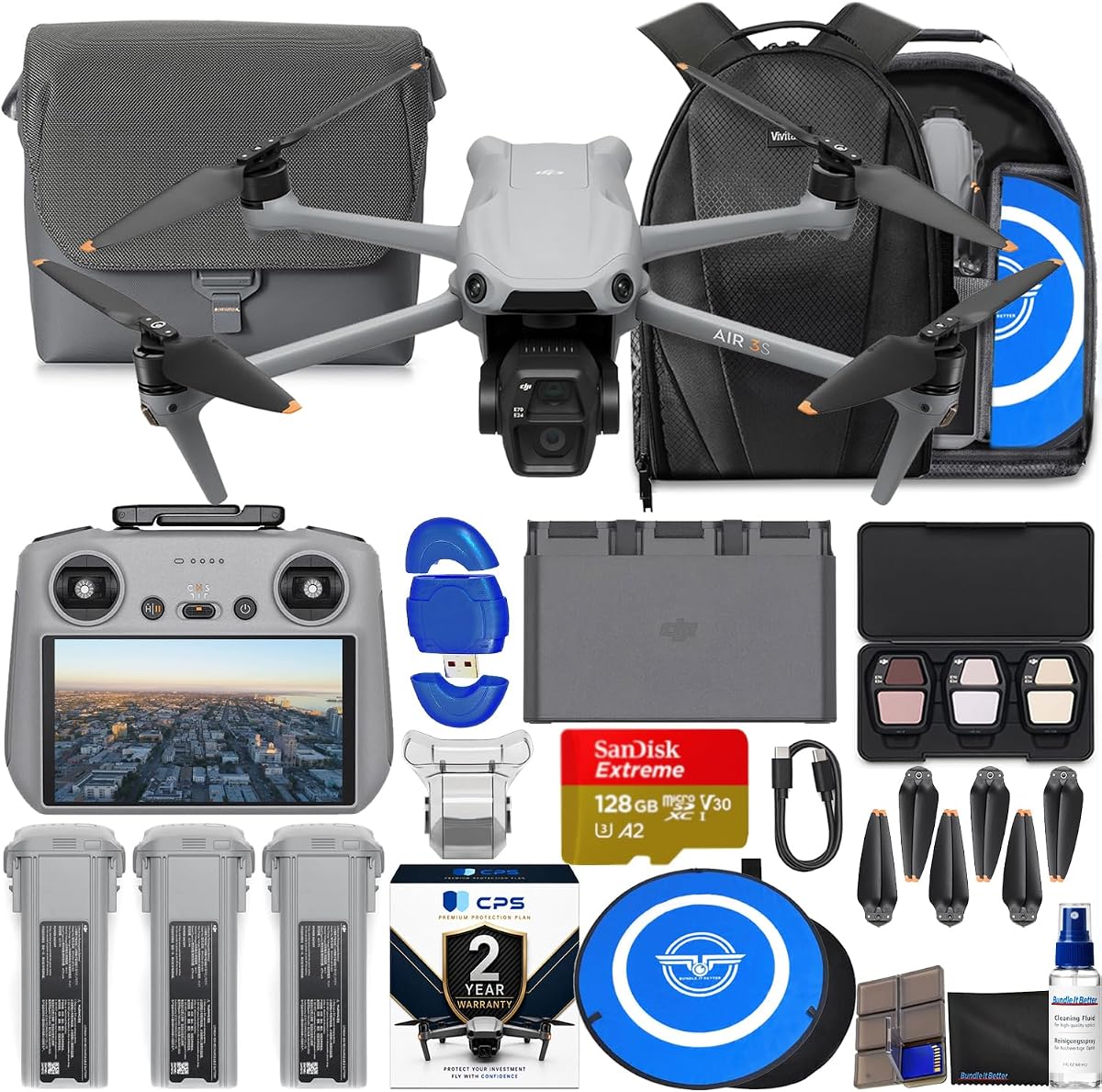 Air 3S Drone con RC 2 Fly More Combo (con pantalla) 4K HDR, paquete de tiempo de vuelo máximo de 45 minutos con memoria de 128 GB, almohadilla de aterrizaje, mochila, garantía de 2 años de CPS, kit de limpieza de lentes y más
