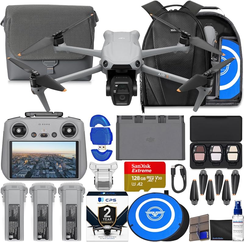 Air 3S Drone con RC 2 Fly More Combo (con pantalla) 4K HDR, paquete de tiempo de vuelo máximo de 45 minutos con memoria de 128 GB, almohadilla de aterrizaje, mochila, garantía de 2 años de CPS, kit de limpieza de lentes y más