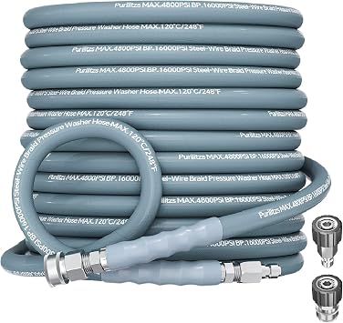50ft Pressure Washer Hose 4800PSI, 3/8" Power Washing Hose Steel Wire Braided with Swivel Quick Connect, Non Marking Commercial Grade High Pressure Water Hose