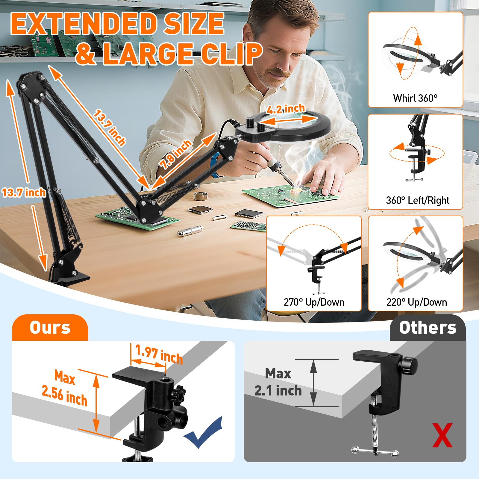 KIRKAS 12-fache Lupe mit Licht und Ständer, extra langer Armknopf | Lupenlampe für Werkbank, Handwerk, Nähen, LED-beleuchtete Lupe, Echtglaslinse, stufenloses Dimmen und Farbe (88,9 cm Klemme)