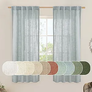 LAMIT Linen Curtains 60 Inch Length 2 Panels, Light Filtering Panels Back Tab and Rod Pocket Neutral Drapes for Bedroom/Window/Living Room, Greyish Blue, 34 x 60 Inch