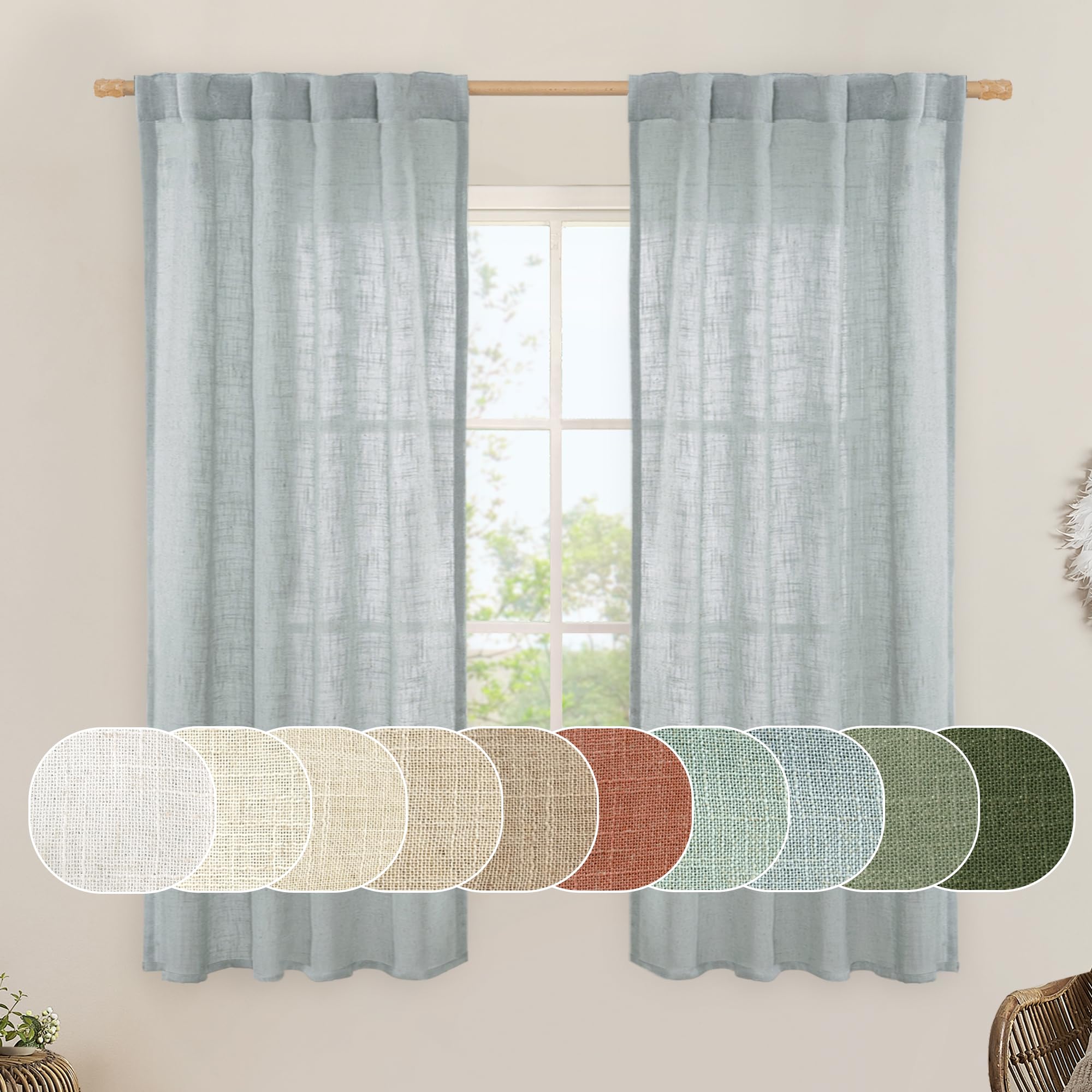 LAMIT Sheer Linen Curtains 63 inches Long for Bedroom, Back Tab and Rod Pocket Linen Drapes Light Filtering Semi Sheer Curtains for Small Window/Farmhouse, 2 Panels (38 x 63 Inch, Greyish Blue)