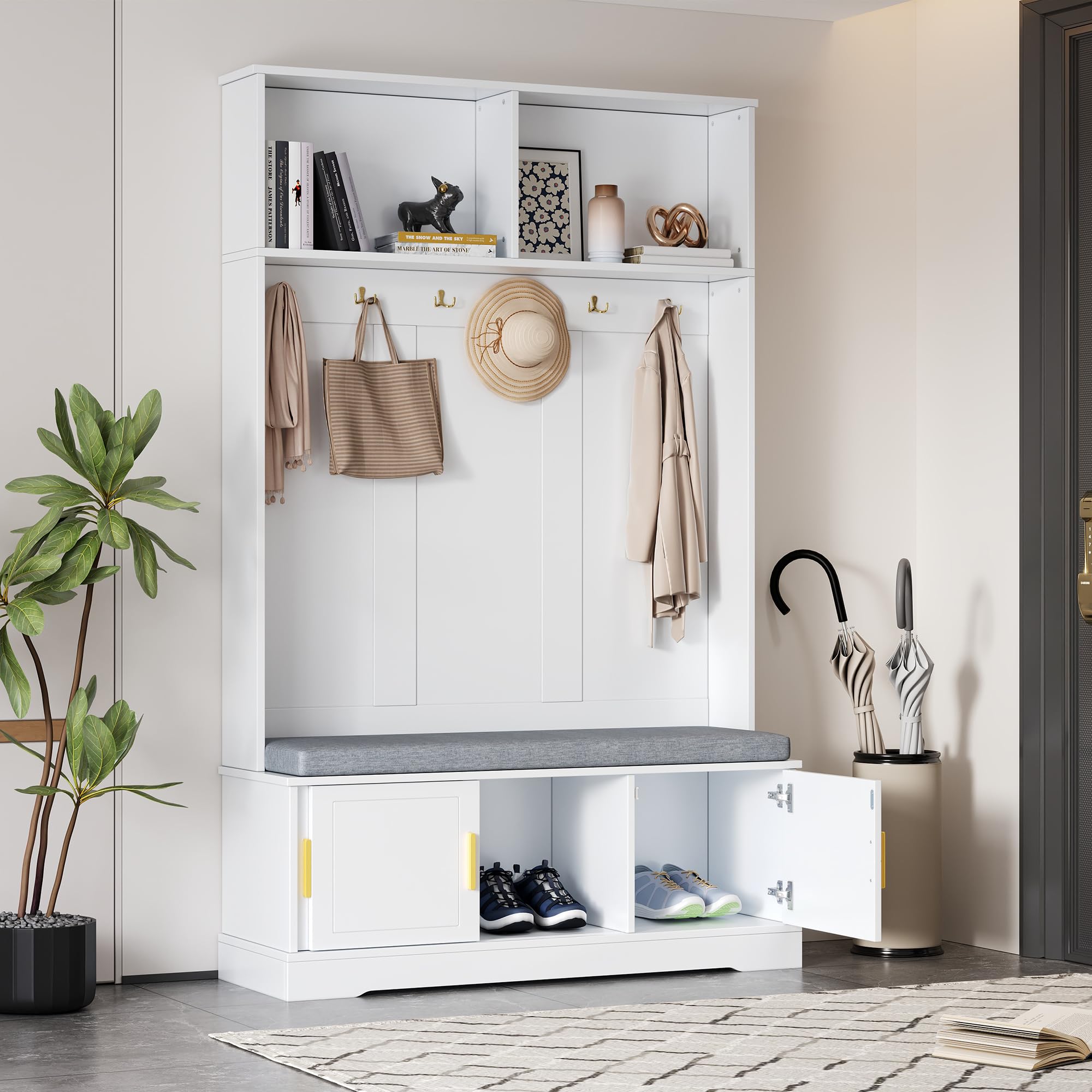 Vestiaire D'EntréE avec Banc Et Rangement à Chaussures, Meuble D'EntréE avec 6 Crochets Triples, Porte-Manteau Multifonctionnel en Bois avec Tabouret Rembourré pour L'EntréE Ou Le Couloir