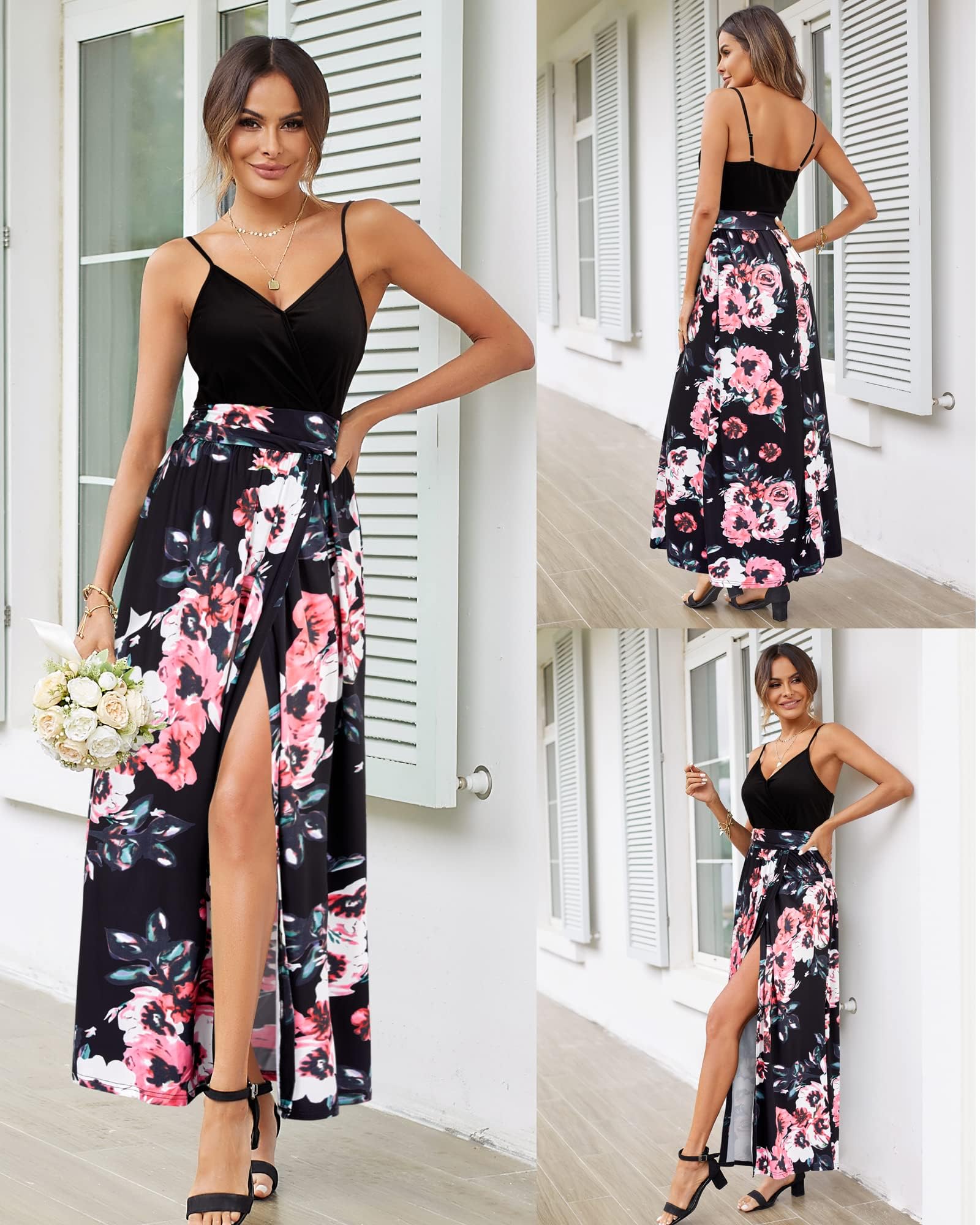 Newshows Sommerkleid Damen Lang Maxikleid Sommer V Ausschnitt Kleid Schlitz Elegant Spaghettiträger Freizeitkleid für Hochzeitsgäste