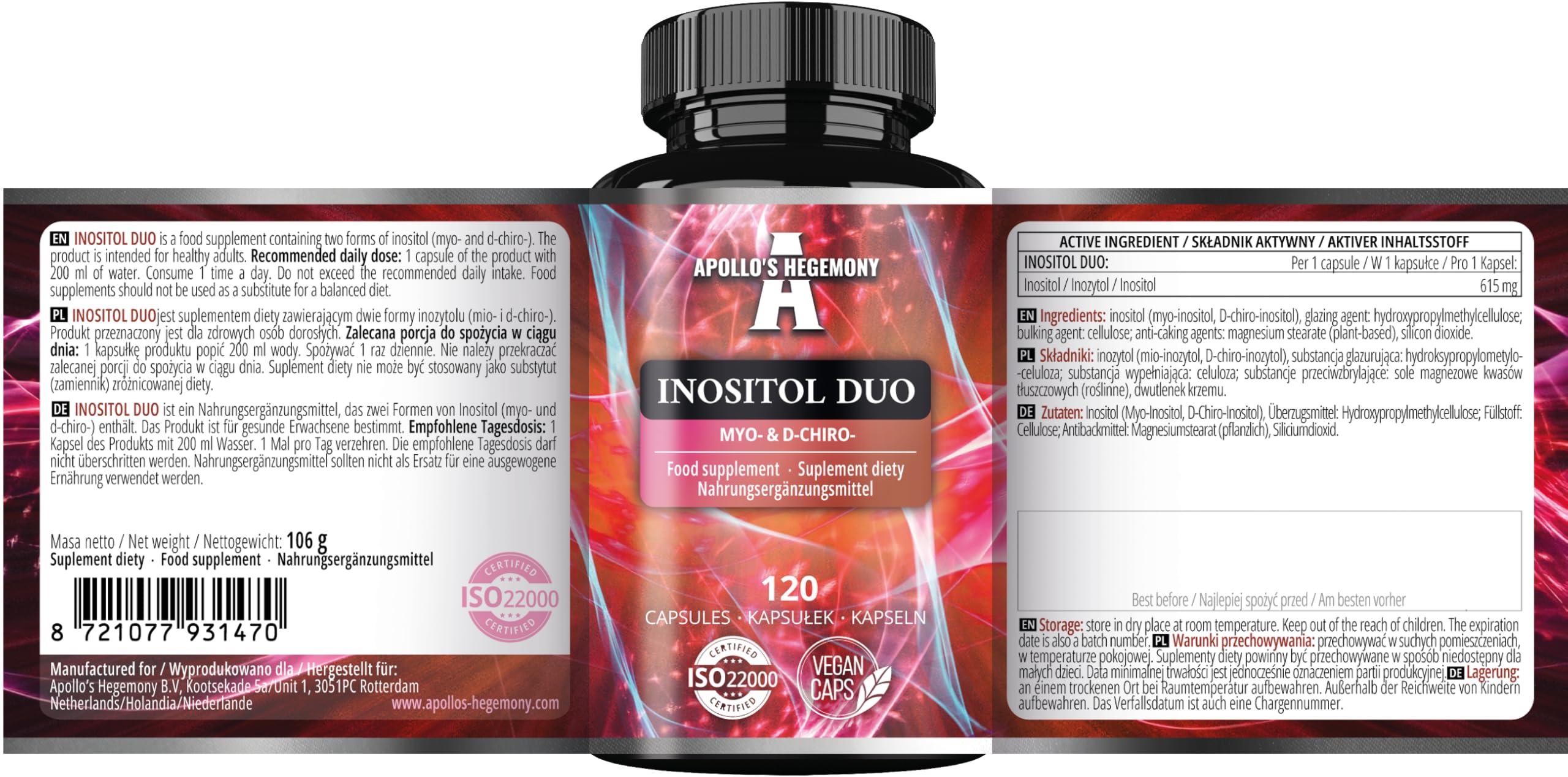 Inositolo Duo 120 Capsule Vegane - Myo-Inositolo + D-chiro-inositolo - 615 mg per Capsula - Fornitura per 4 mesi - Integratore di Vitamina B8 - da Apollo's Hegemony