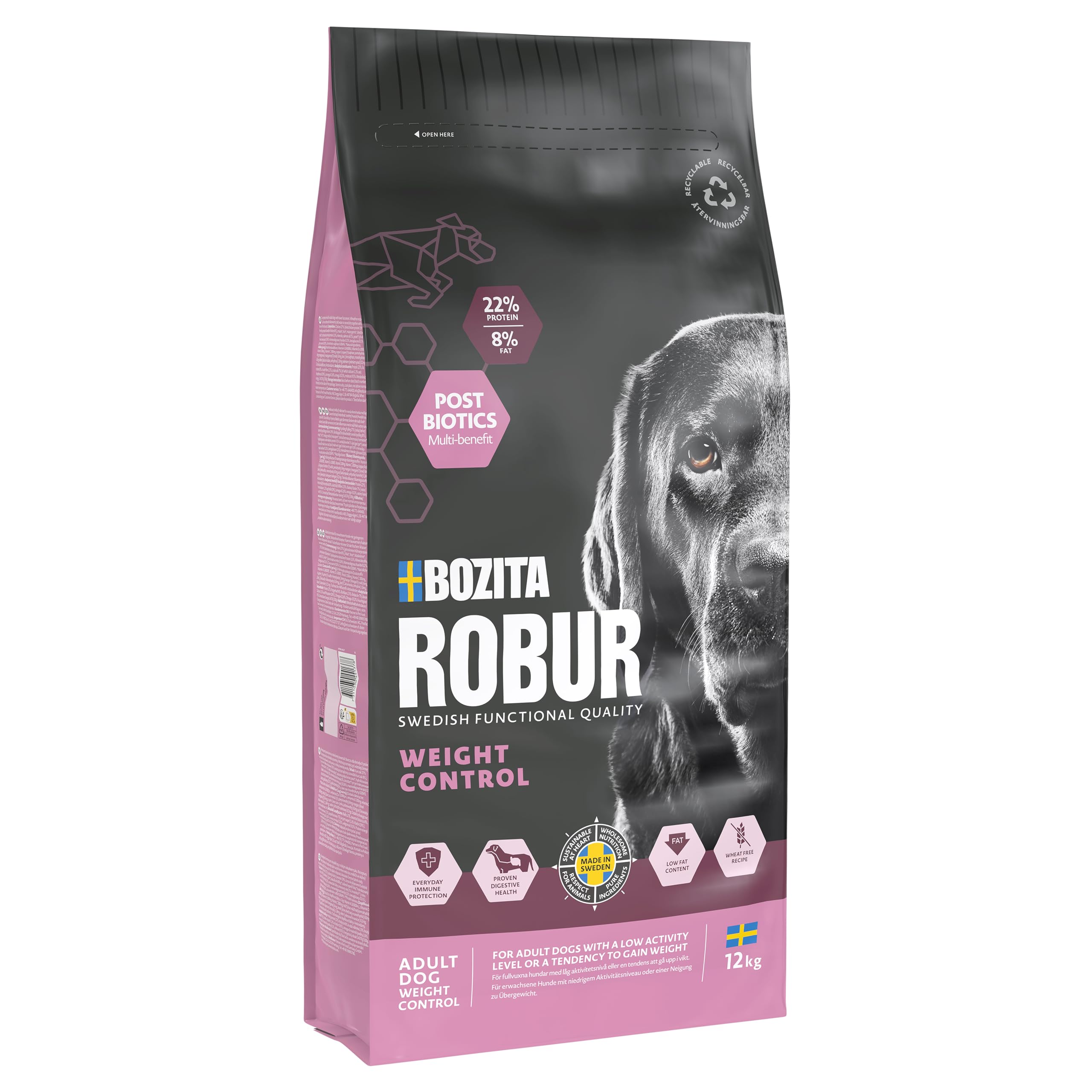 Bozita ROBUR Adult Light Kurczak, 12 kg, sucha karma dla psów, z postbiotykami, dla mało aktywnych i skłonnych do nadwagi psów