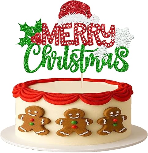 Vista 57 de Rsstarxi 1 paquete de decoración de pastel de Navidad con purpurina verde y rojo hojas de acebo y bayas, sombrero de Papá Noel, barba, decoración