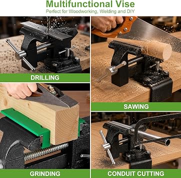 Bench Vise Table Heavy Duty Clamp Vise, 4.5 Inch Vice for Workbench, Bench-Table Vice Clamp with Green Jaw, Home Vise, Swivel Base Bench for Woodworking