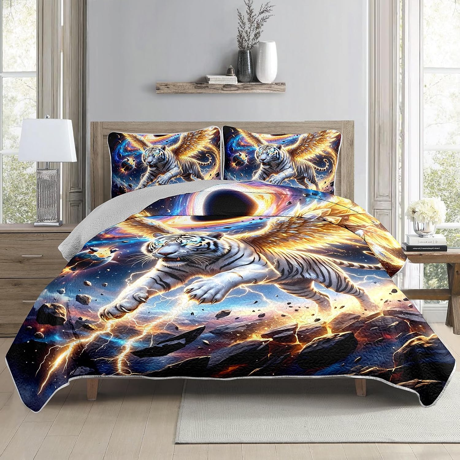AILONEN White Tiger Quilt Set Twin Size,Gold Feather Wild Animal Bedspread Coverlet for Boys Girls,Dreamy Galaxy Wildlife Bed Cover with 2 Pillowcases,3-Piece