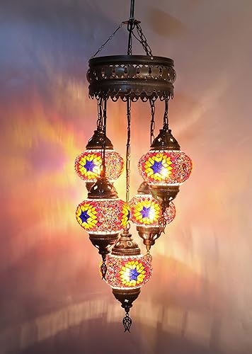 Miniatura 5 de Asylove Candelabros turcos de 5 globos, lámpara colgante de mosaico, iluminación de techo marroquí Art Deco de 5 globos, 5 pulgadas de altura total
