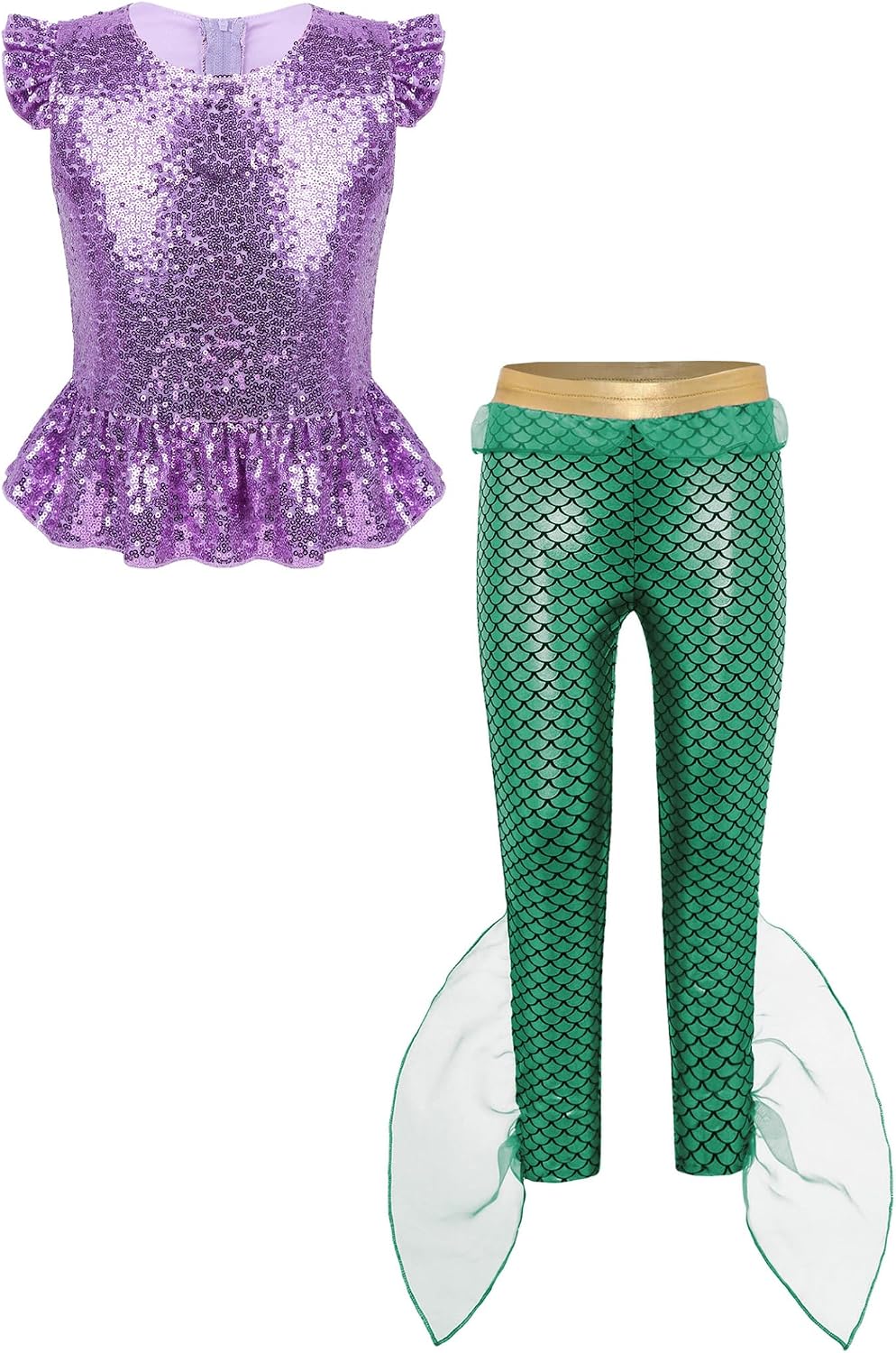 Little Big Girls Sequin Peplum Top and Scale Leggings Two Piece Mermaid Dance Suits Lavender and Green 16 Years