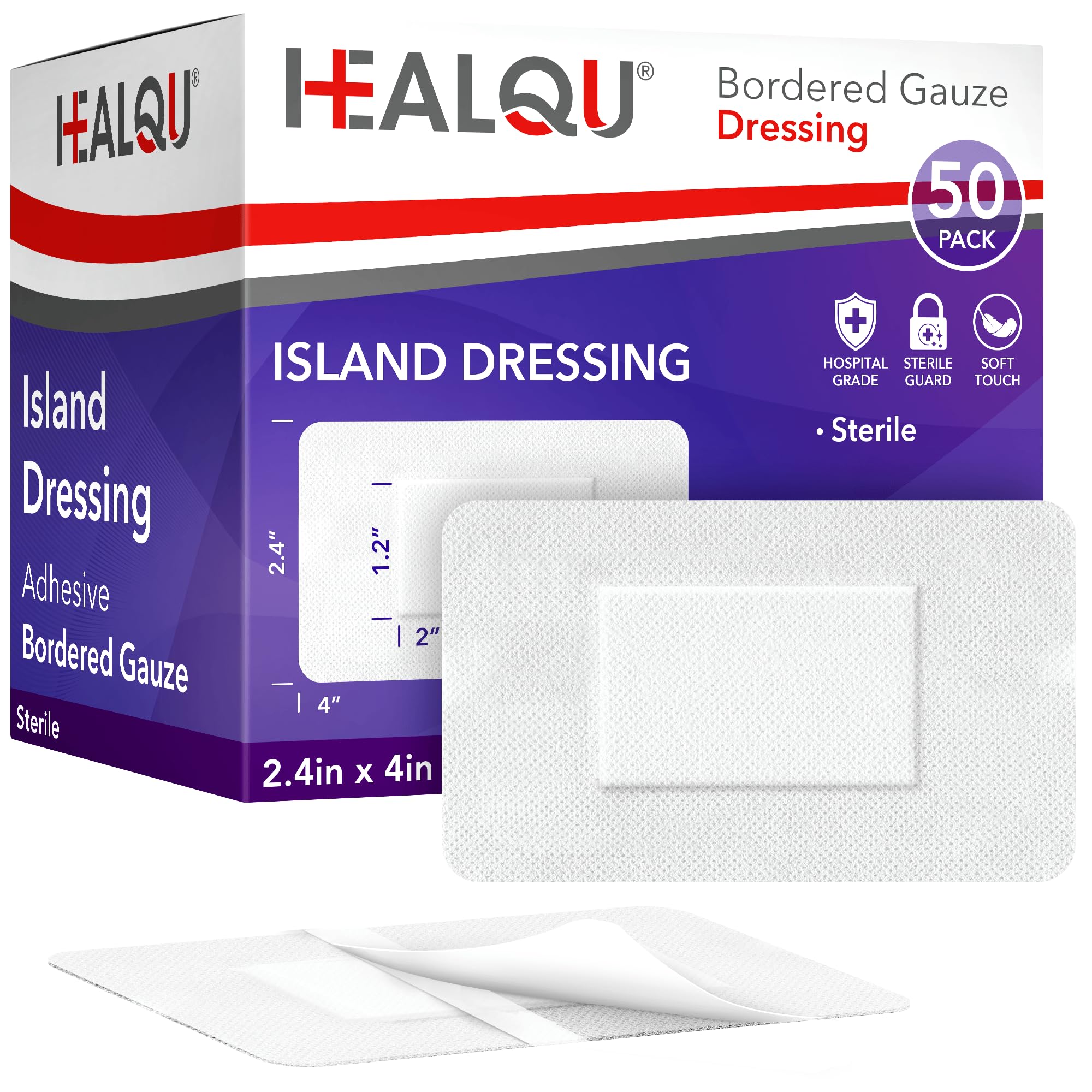 HEALQU Bordered Gauze Island Dressing - Sterile Individually Wrapped Gauze Pads with Water-Resistant, Non-Woven Backing (4"x10" - 2"x7.5" Pad (30 Pack) — Amazon image 8