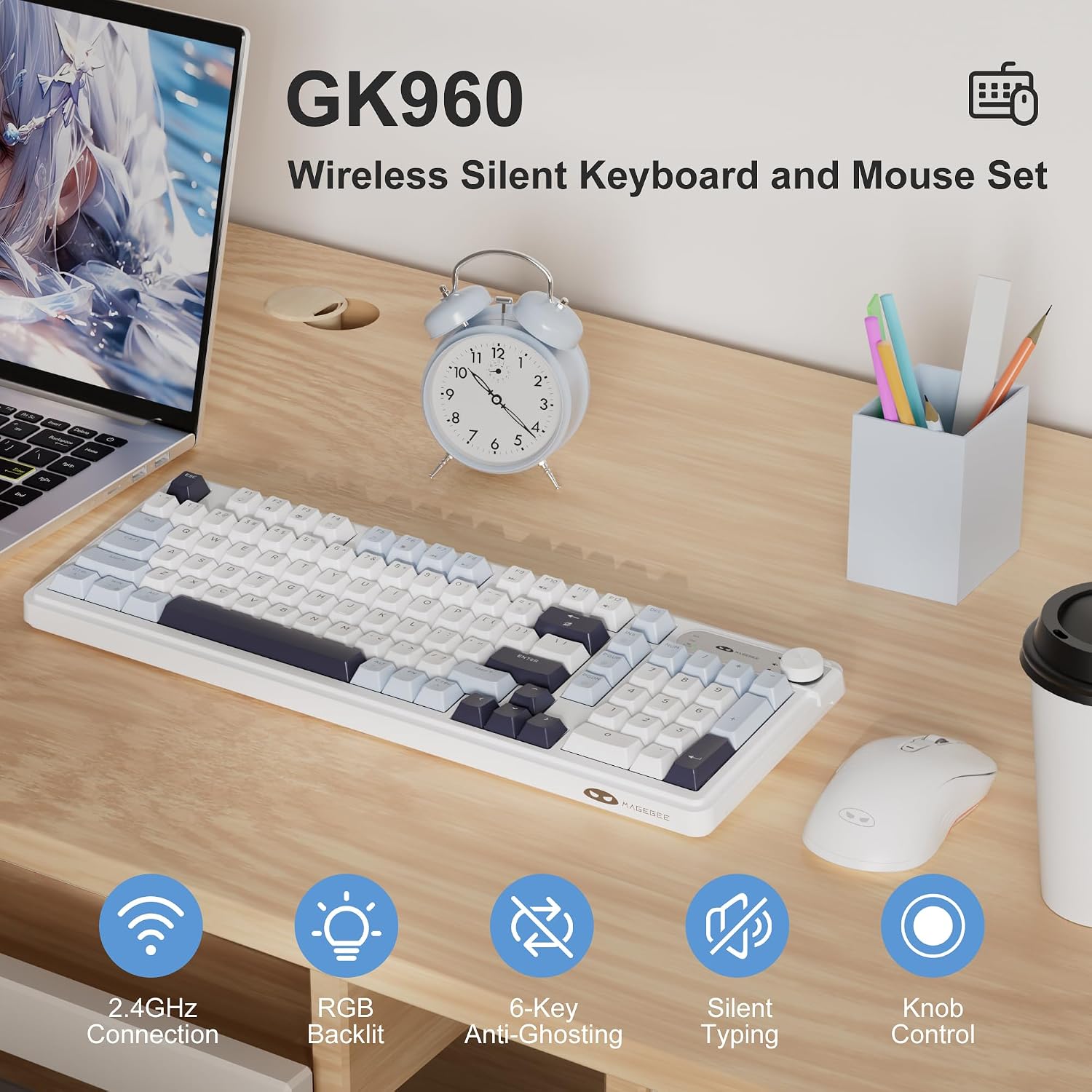 MageGee V990 Creamy Wireless Keyboard and Mouse Combo, 99 Keys RGB Backlit Rechargeable Quiet Gaming Keyboard, Adjustable Optical Mouse, with Number Pad, Keyboards Set for Desktop, Laptop, PC(Blue)