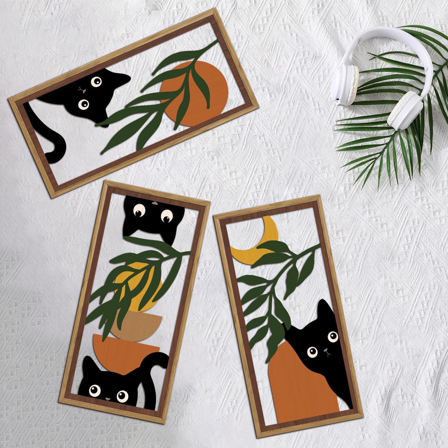 KAIRNE Boho Black Cat Wall Art,Green Leaves Wood Wall Decor Set of 3(16”X8”),Farmhouse Geometric Wooden Cat Wall Decor,Mid-Century Bohemian Moon Sun Design for Friends Family Bedroom Living Room Decor