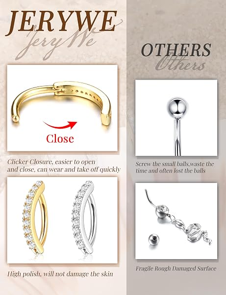 JeryWe Piercing Ombelico,14G Ombelico Piercing Acciaio Chirurgico,Argento Oro Piercing Ombelico Anallergico, CZ Opale Clicker Ombelico Anello Set 10/12mm - 5