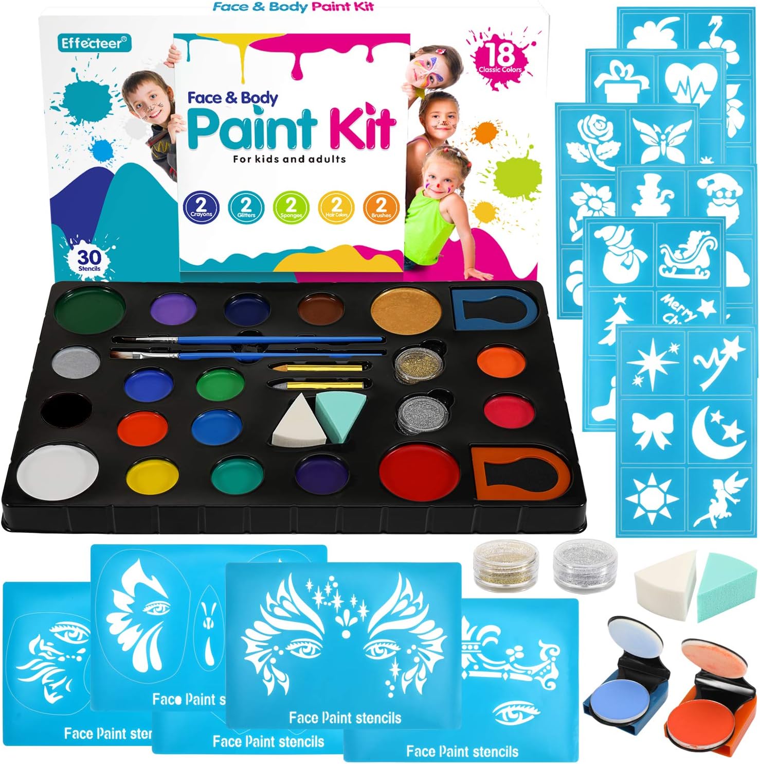 Face Paint Kit for Kids, 18 Large Water Based Paints, 4 Large Stencils, 36 Small Stencils, Professional Non-Toxic Face Painting Makeup Kits for Halloween or Birthday Party, Safe to Sensitive Skin