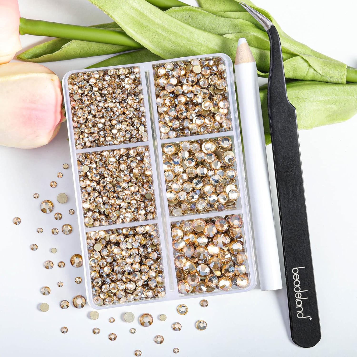 Beadsland 4300pcs Flatback Rhinestones,Gold Rhinestone Nail Gems Round Crystal Rhinestones for Crafts,Mixed 6 Sizes with Picking Tweezers and Wax Pencil Kit, SS6-SS20,Golden Shadow - Image 2