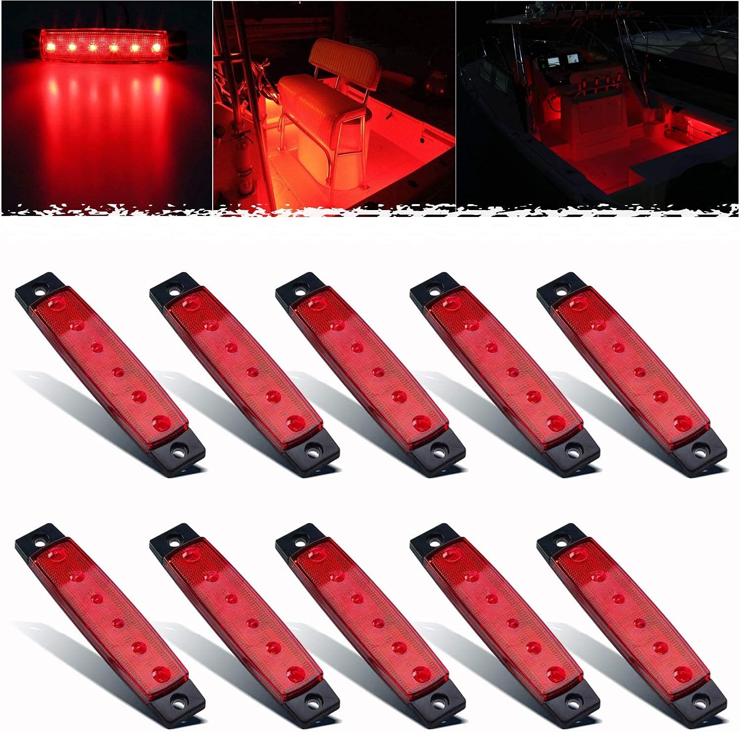 PSEQT LED Boat Interior Lights Marine Courtesy Light Strip Deck Transom Cockpit Navigation Lighting Waterproof for Fishing Pontoon Kayak Yacht Sailboat (Red 10Pcs)