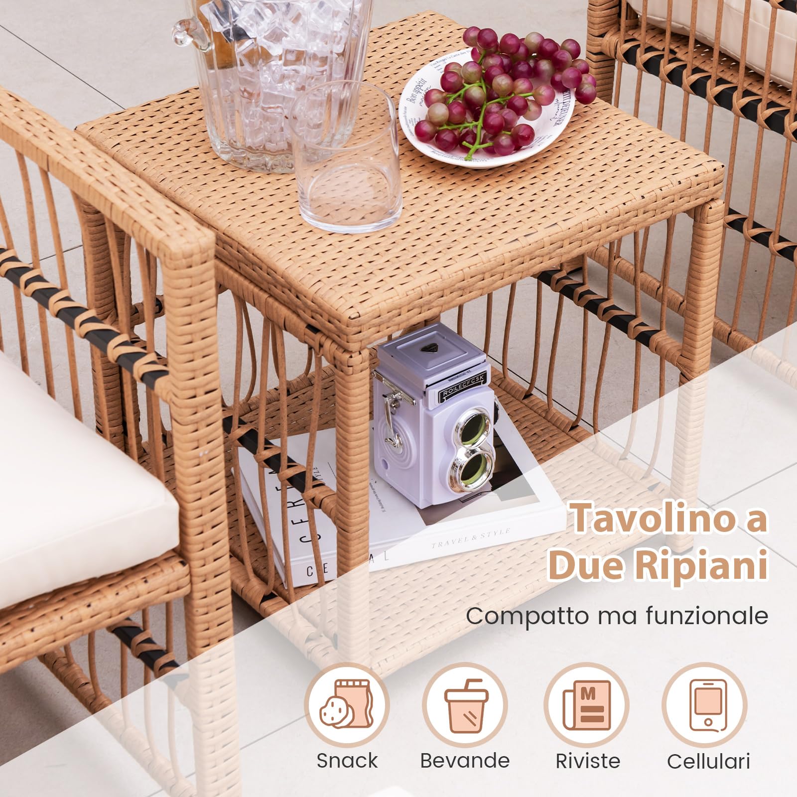 COSTWAY Set Salotto da Giardino per 2 Persone, Salottino Esterno in Rattan 5 Pezzi con 2 Poltrone, 1 Tavolino, 2 Pouf e Cuscini Imbottiti, Set da Giardino per Balcone e Terrazza