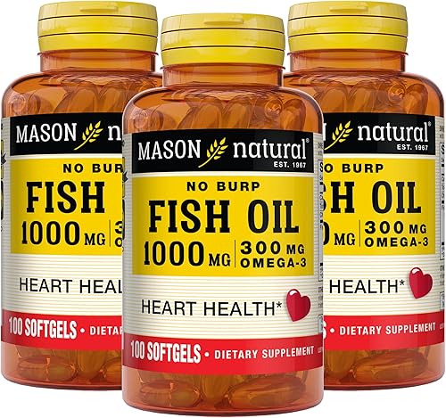 Mason Natural Aceite de pescado sin eructos 1000 mg de omega, 3 300 mg, apoya la salud normal del corazón, 100 cápsulas blandas (paquete de 3)
