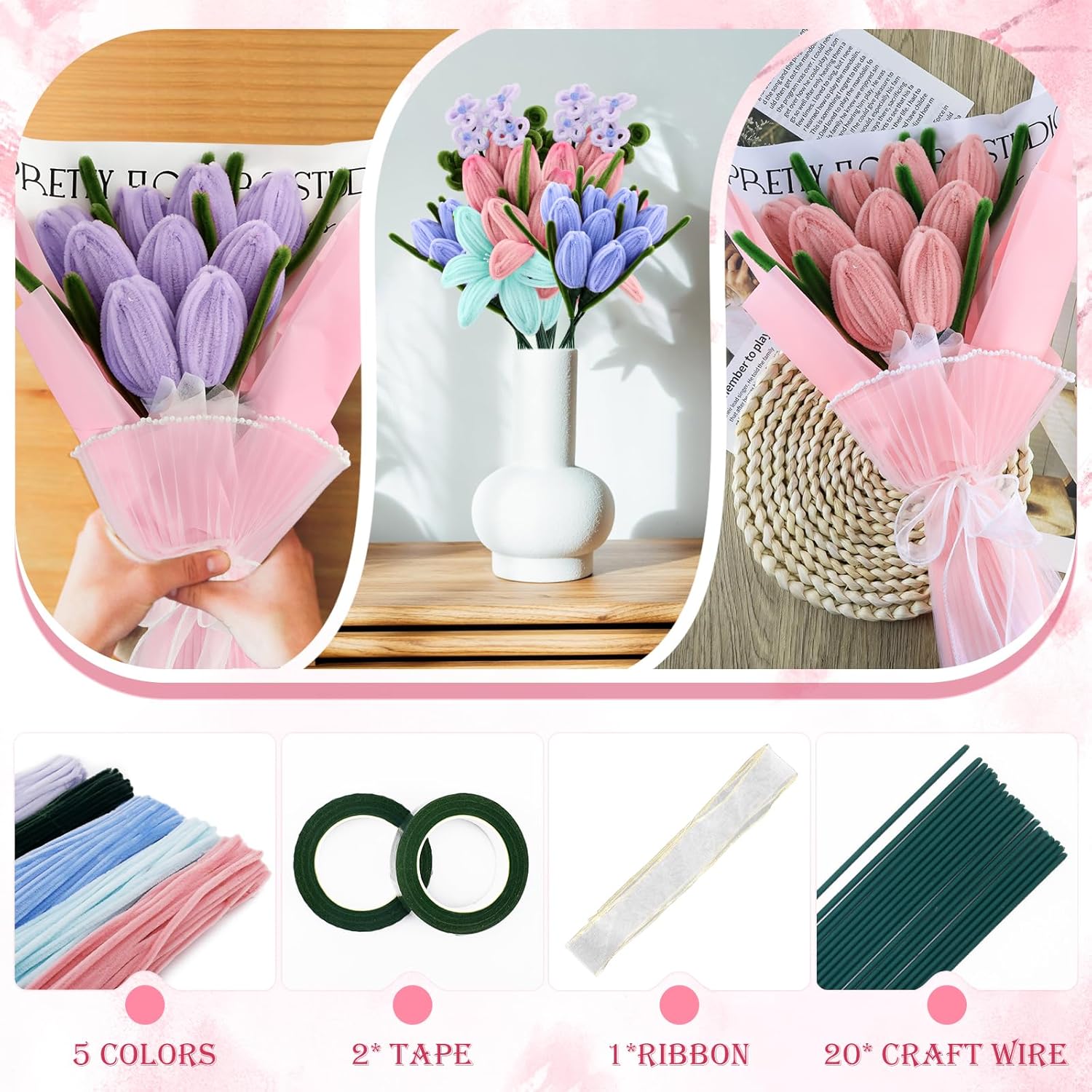 400 Pcs Pipe Cleaners Craft Kit - Bulk Pipe Cleaners for DIY Pipe Cleaner Flowers, Chenille Stems for DIY Flower Making Kit with Floral Wires, Gardening Tape,Stamen& Ribbon (Colorful)