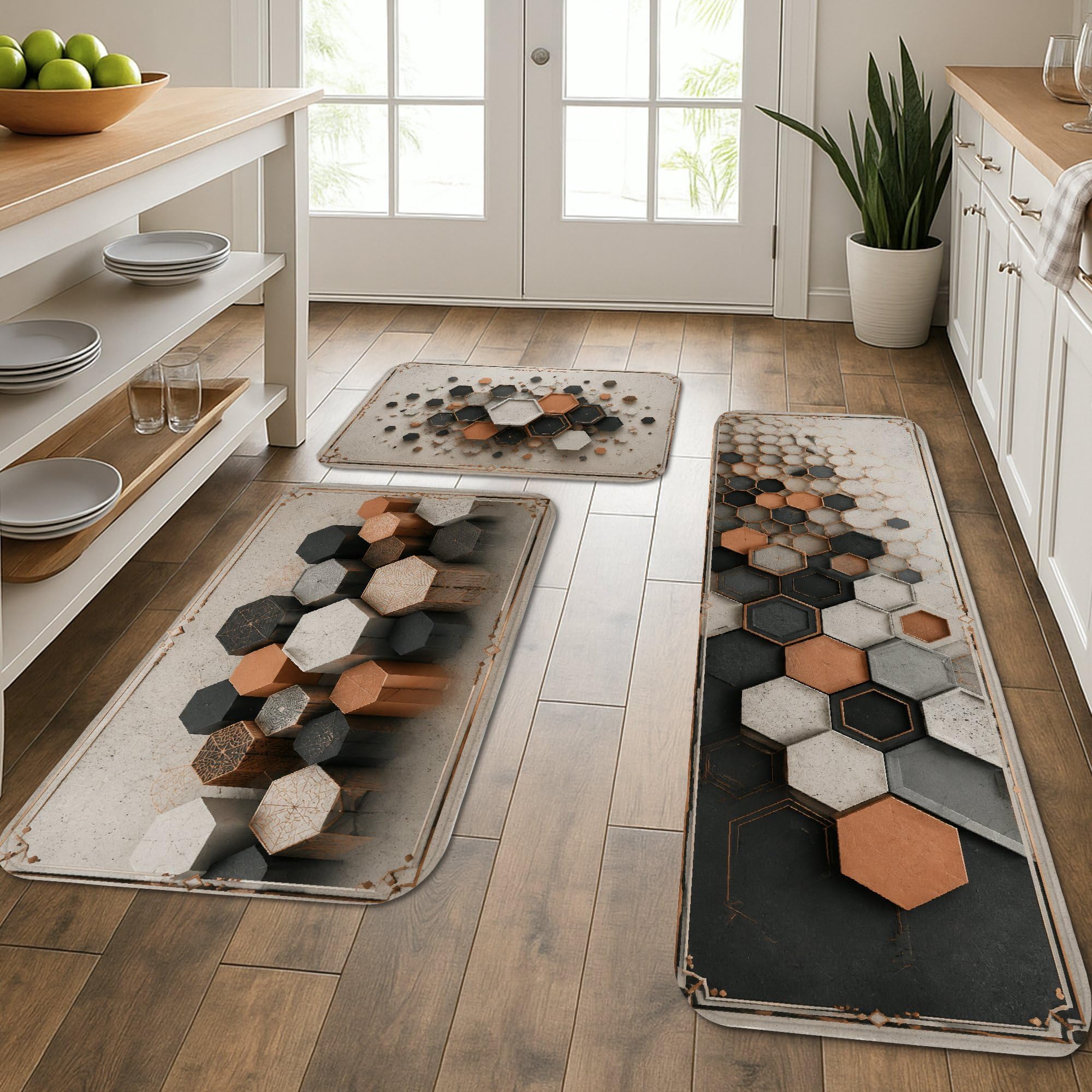 Tapis de cuisine hexagonaux (lot de 3) géométriques et lavables pour le sol