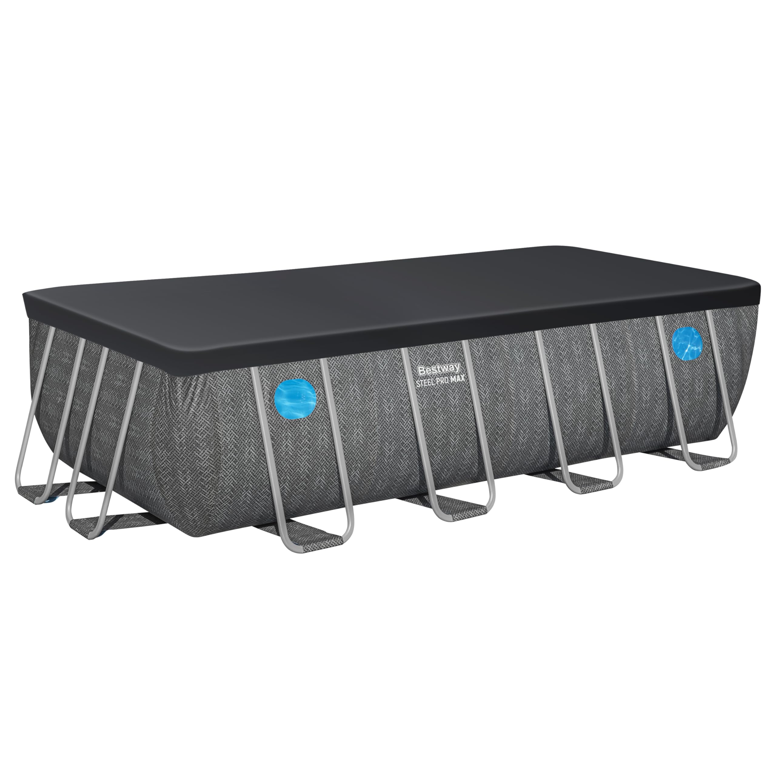 Bestway Steel Pro MAX Frame Pool Komplett-Set mit Filterpumpe, 488 x 244 x 122 cm, 11.532 Liter, Rattan-Optik, Splashview Bullaugen, Sicherheitsleiter, Abdeckplane, Filterkartusche, Schiefergrau