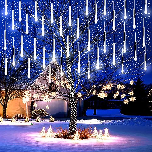 Miniatura 11 de Luces de Navidad para exteriores, 32 tubos (equivalente a 4 juegos de 8 tubos), luces de lluvia de meteoritos – Luz de carámbano de Navidad azul