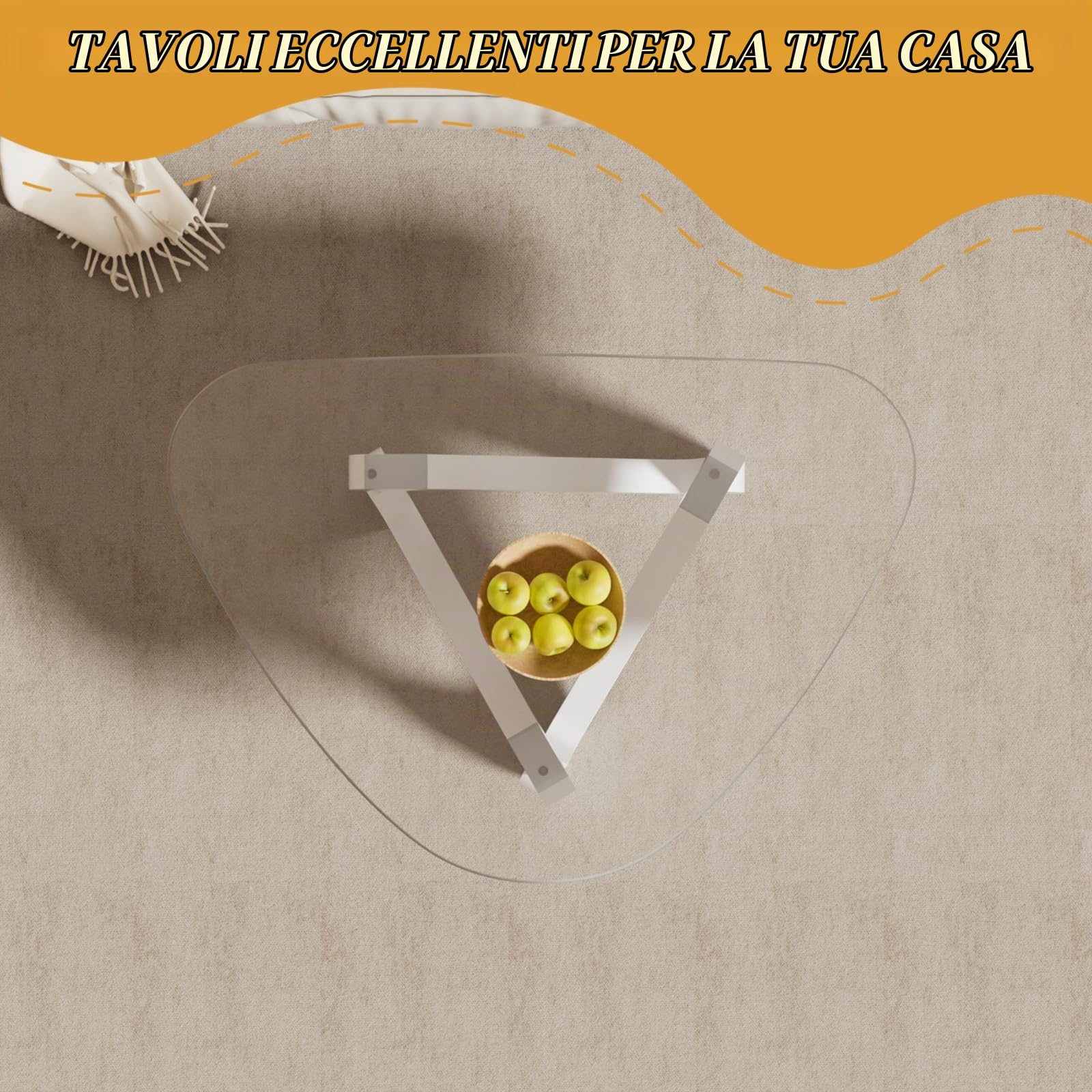 Tavolino da centro in vetro triangolare, tavolino moderno con base triangolare in legno massiccio e vetro temperato spesso, tavolino ausiliare, tavolino elegante per soggiorno ufficio, 82 x 57 x
