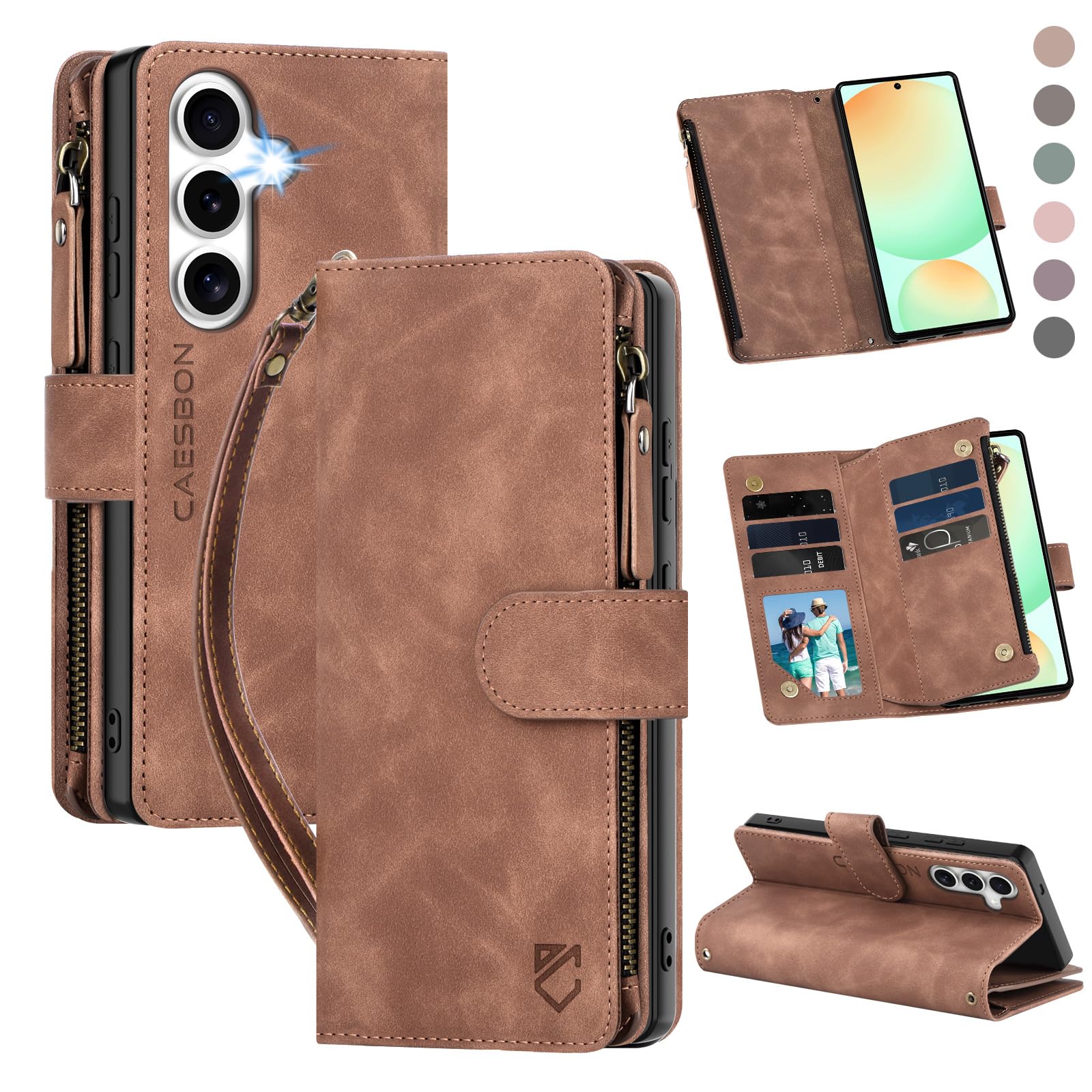 CAESBON for Samsung Galaxy S24-FE-Wallet Case: with RFID Blocking Card Slots (6 Cards) | Soft PU Leather Magnetic Snap Zipper Pocket | Crossbody Wrist