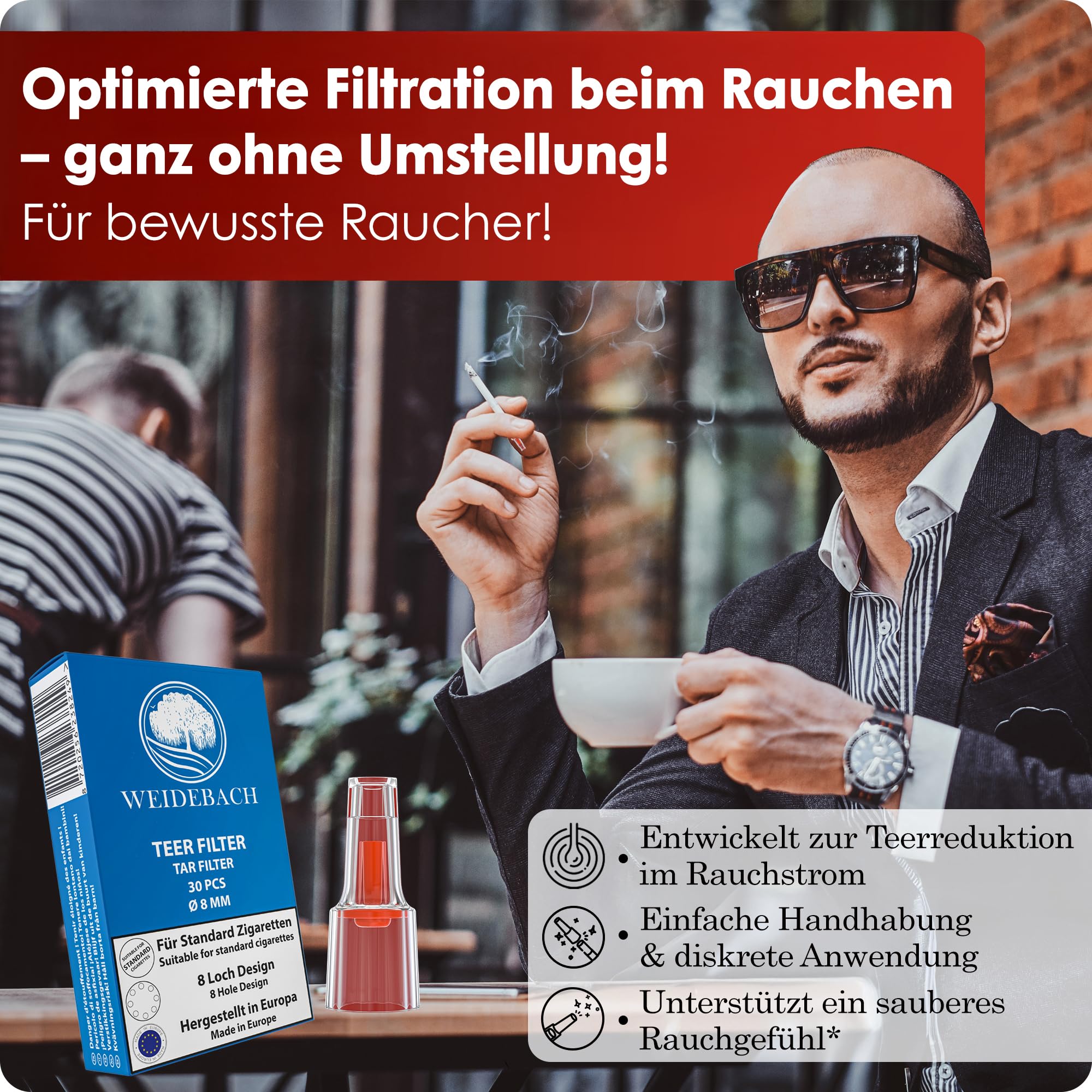 WEIDEBACH® 30 Premium filtry do papierosów 8 mm, Made in Europe | filtry papierosowe z klipsem, filtry nikotynowe, plastikowy filtr do papierosów, filtry antysmogowe