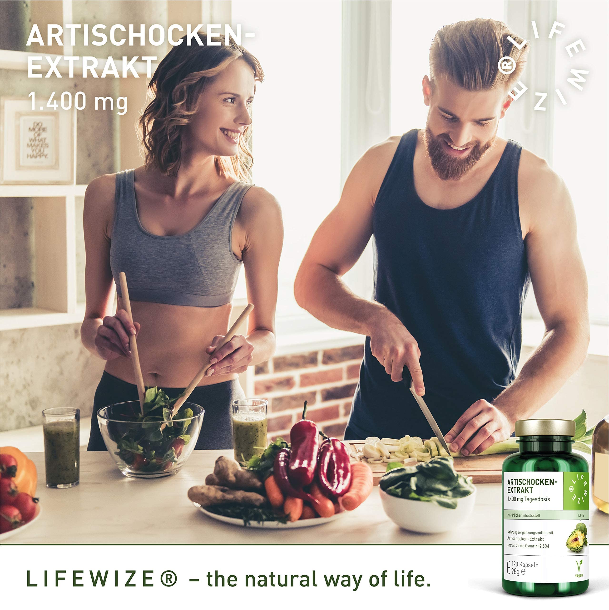 LifeWize® Artischocken Kapseln Hochdosiert mit 1400mg als 5:1 Extrakt = 7.000mg Artischocke pro Tagesdosis mit 2.5% Cynarin - 120 Vegane Kapseln ohne Zusatzstoffe