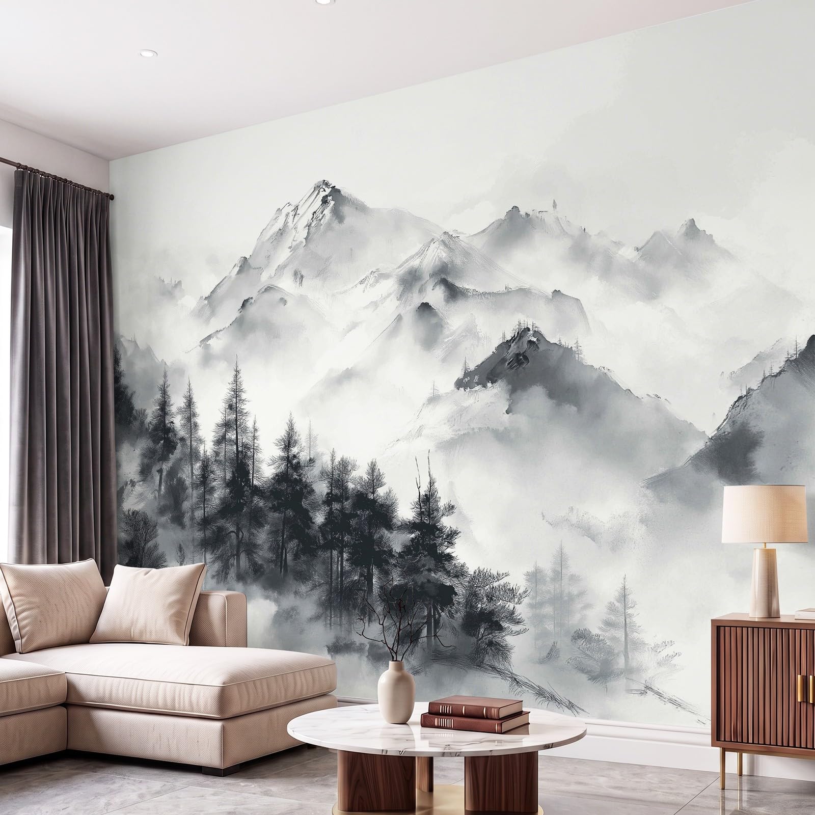 Générique Tapeta z włókniny w stylu orientalnym, czarno-biała, tapeta panoramiczna sosny górskie do mebli, do salonu, dekoracja ścienna 400 x 280 cm