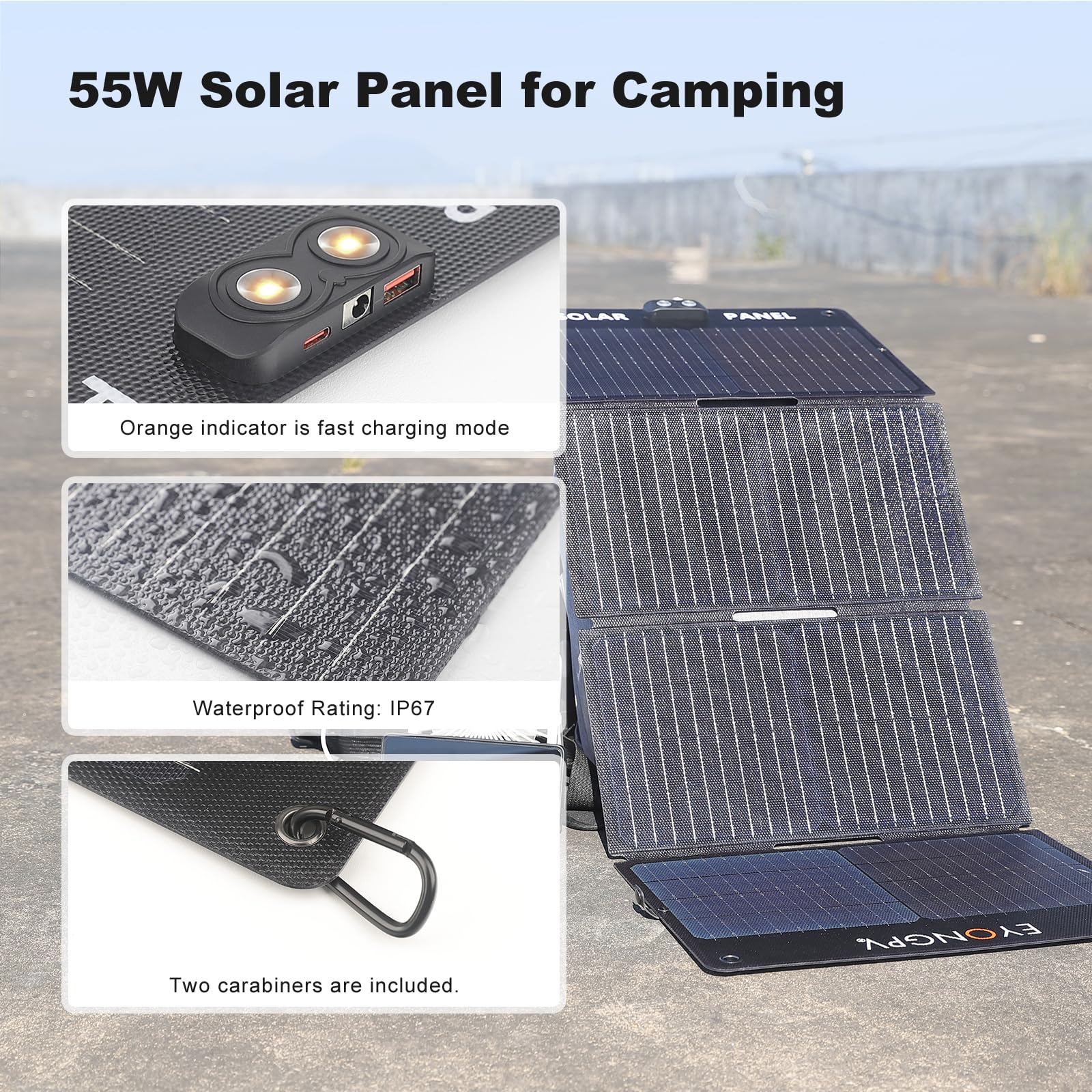 EYONGPV Caricatore pieghevole a pannello solare da 55 W con LED Owl-Eye, USB-C e USB-A DC, caricabatterie solare portatile per campeggio, escursionismo, camper, all'aperto, compatibile con iPhone