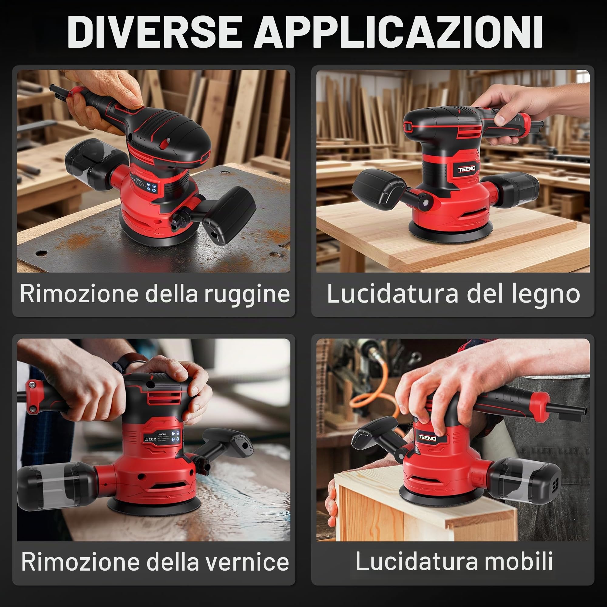 TEENO Levigatrice Orbitale 450W con 6 Velocità, Ø125/150mm, 13000 RPM,20 Dischi Abrasivi, Contenitore Polvere, Cavo 2 m – Con Occhiali e Guanti – Per Legno, Metallo, Plastica